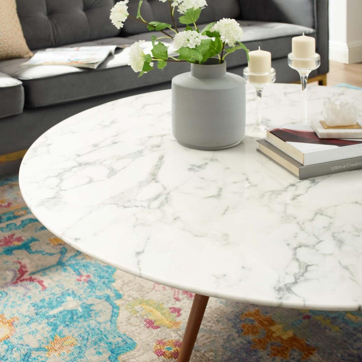 coffee tables | Ergode Lippa 47 Round Walnut Veneer Coffee Table | Timeless Design | Scratch-Resistant Finish | Tripod Base | Ideal for Living Room or Home Office | casafoyer.myshopify.com