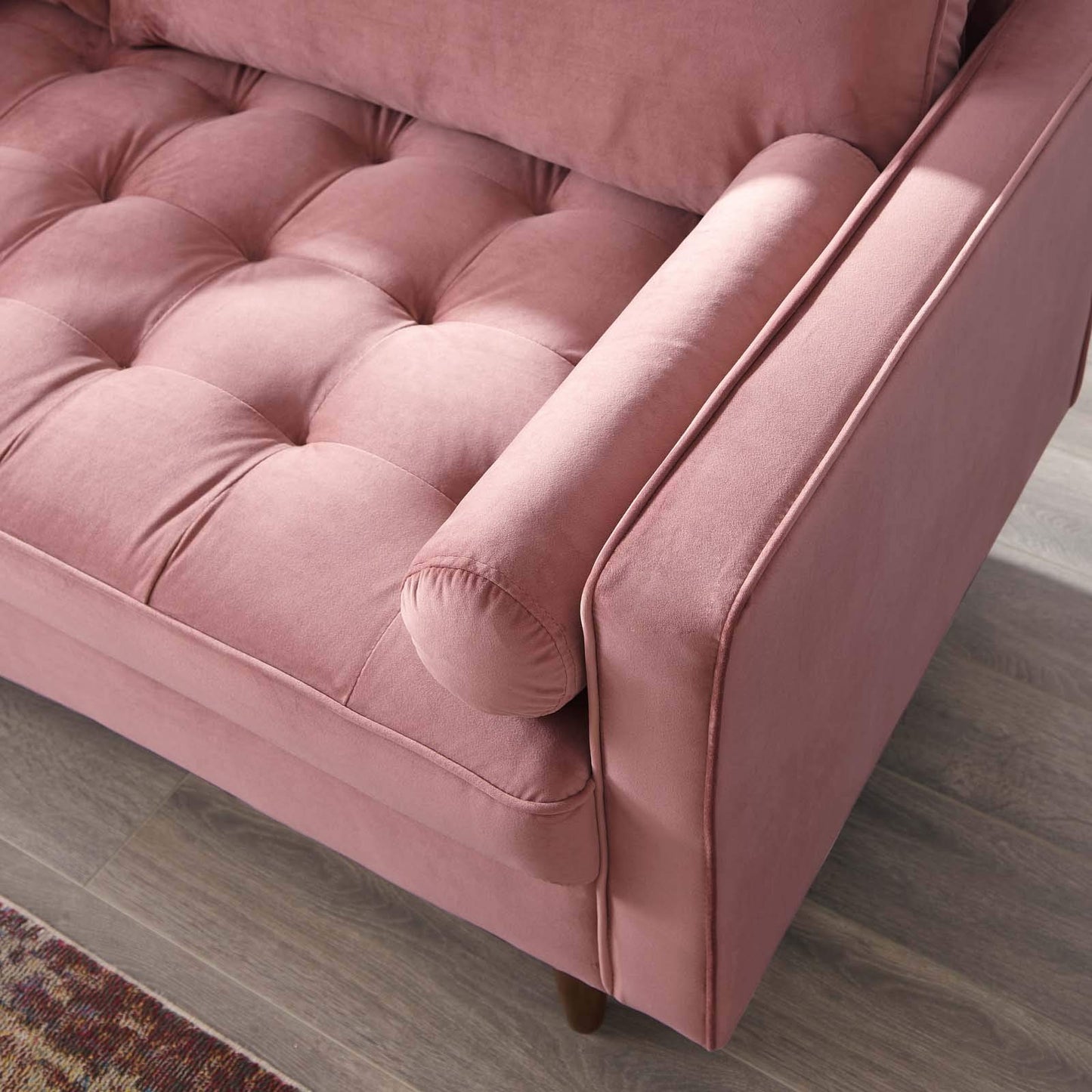 sofas | CasaFoyer Valour Performance Velvet Sofa | Timeless Elegance, Modern Convenience | Biscuit Tufting, Bolster Pillows | Stain-Resistant, Dense Foam Padding | Innerspring Pocket Coils | Walnut Legs | Easy Assembly | Dusty Rose | casafoyer.myshopify.com