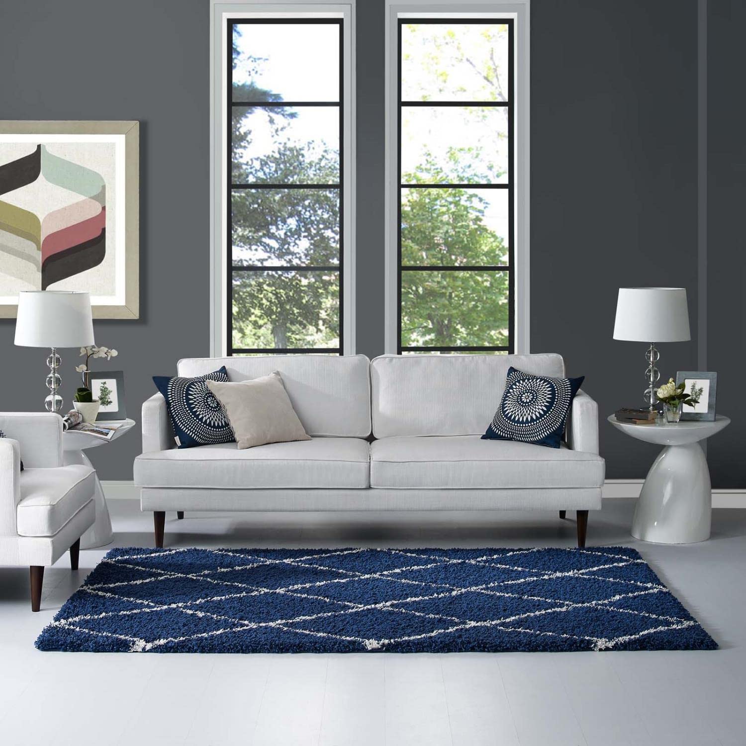 area rugs | CasaFoyer Toryn Diamond Trellis Shag Area Rug | Navy/Ivory | 5x8 ft | Durable Polypropylene | Stylish Lattice Pattern | High Pile Weave | Easy to Maintain | Safe for Kids/Pets | Protects Floors | casafoyer.myshopify.com