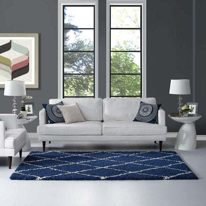 area rugs | CasaFoyer Toryn Diamond Trellis Shag Area Rug | Navy/Ivory | 5x8 ft | Durable Polypropylene | Stylish Lattice Pattern | High Pile Weave | Easy to Maintain | Safe for Kids/Pets | Protects Floors | casafoyer.myshopify.com