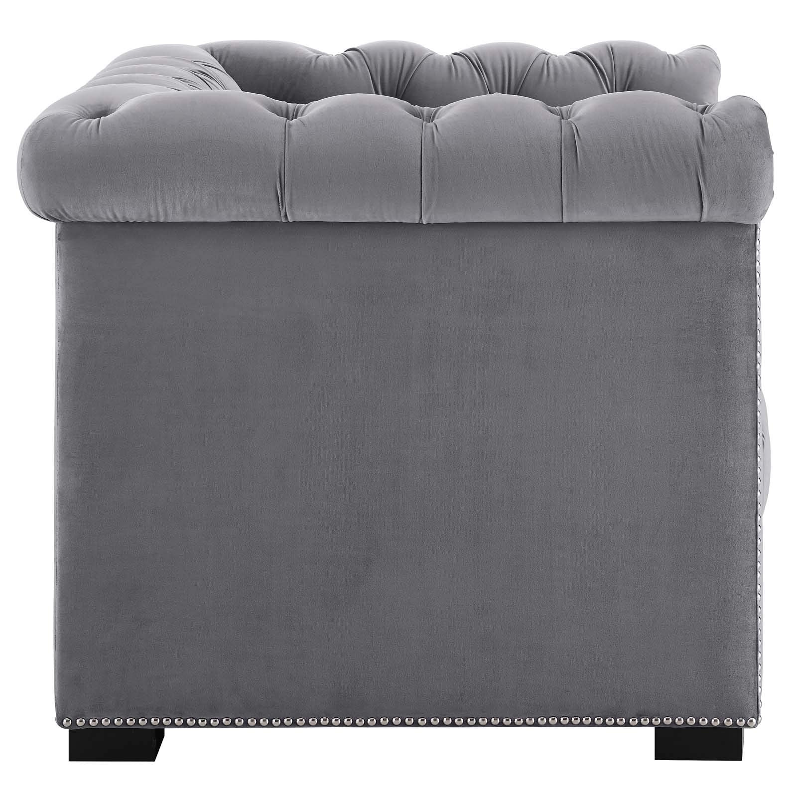 home office desk chairs | CasaFoyer Heritage Performance Velvet Armchair | Modern Classic Design | Rolled Armrests | Button Tufting | Nailhead Trim | Stain-Resistant Upholstery | Birch Wood Legs | Plush Foam Padding | Gray | casafoyer.myshopify.com