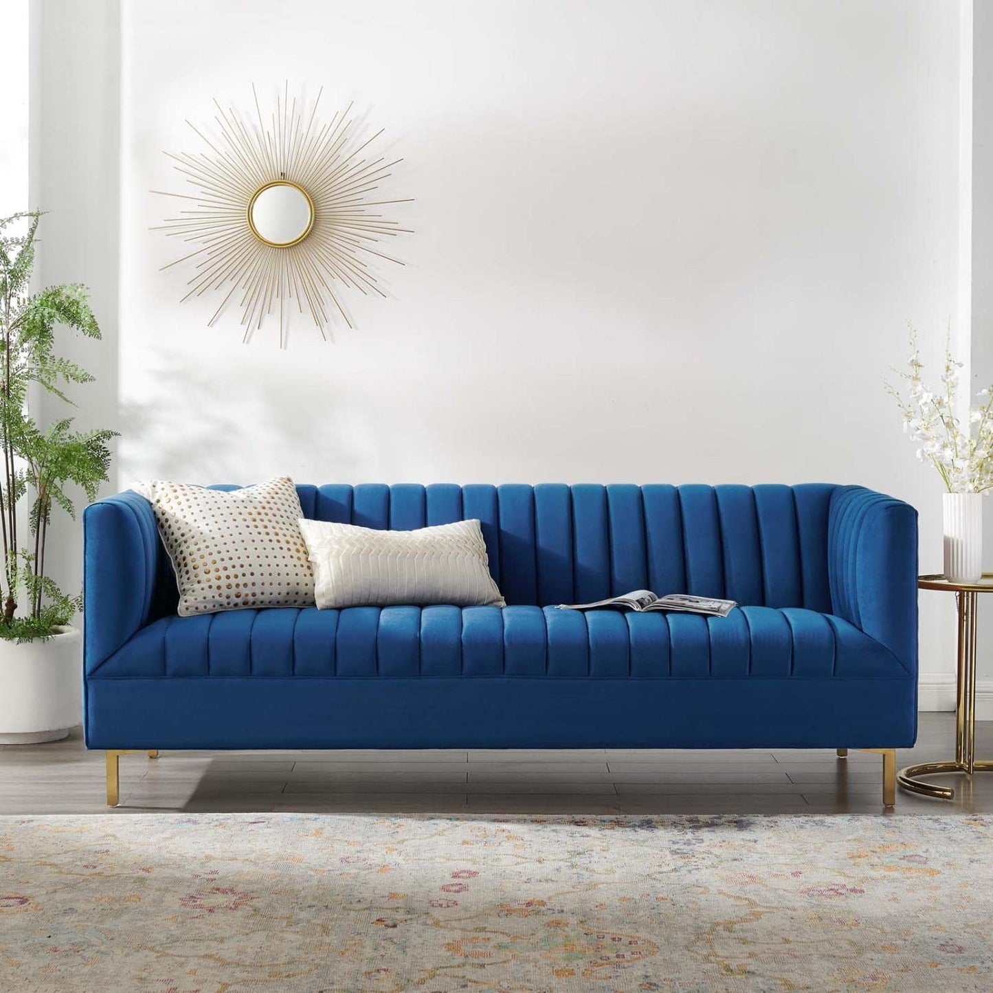 sofas | CasaFoyer Shift Channel Tufted Performance Velvet Living Room Sofa | Elegant Navy Upholstery | Stain-Resistant | Gold Legs | 900 lbs Capacity | casafoyer.myshopify.com