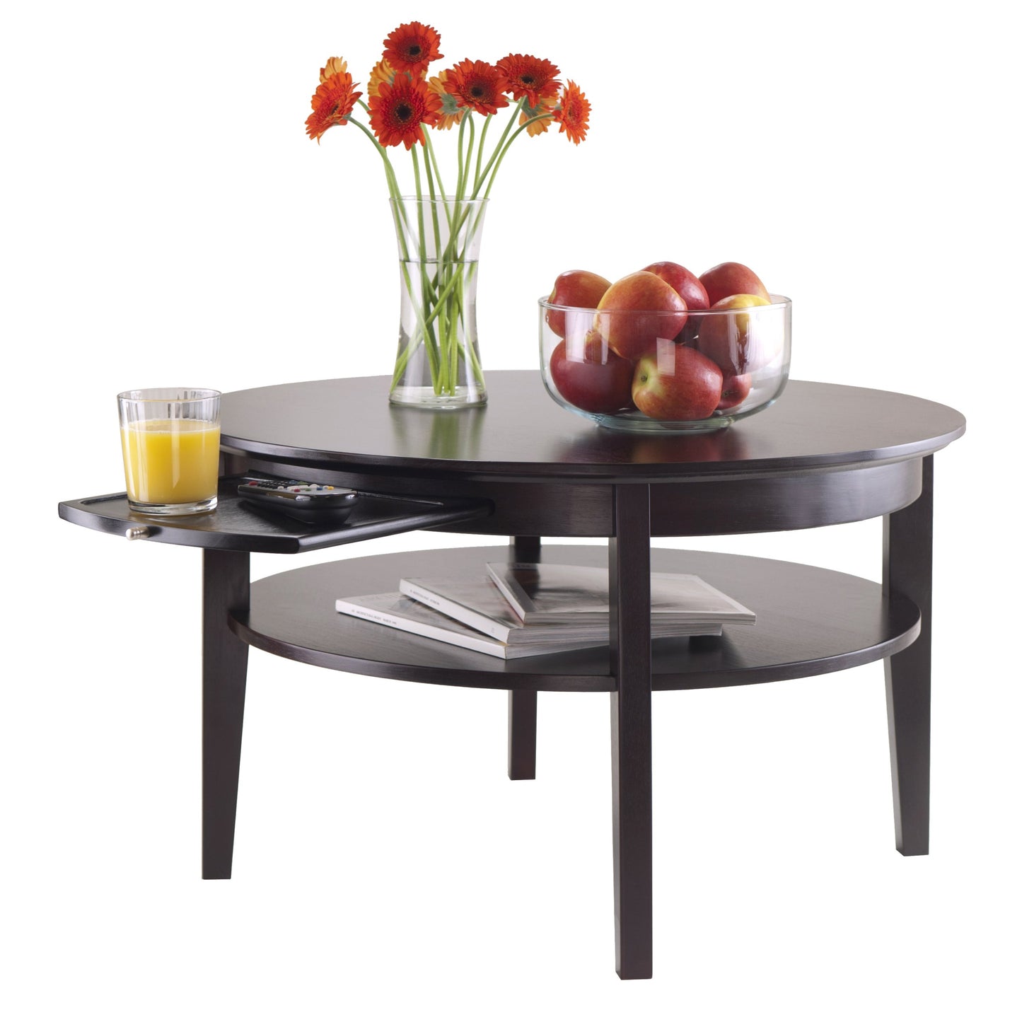 TABLE | CasaFoyer Amelia Occasional Table Collection | Round Coffee Table & End Table Set | Pull-out Tray, Storage Shelf | Dark Espresso Finish | Solid & Composite Wood | Assembly Required | 29.9W x 29.9D x 18H | casafoyer.myshopify.com