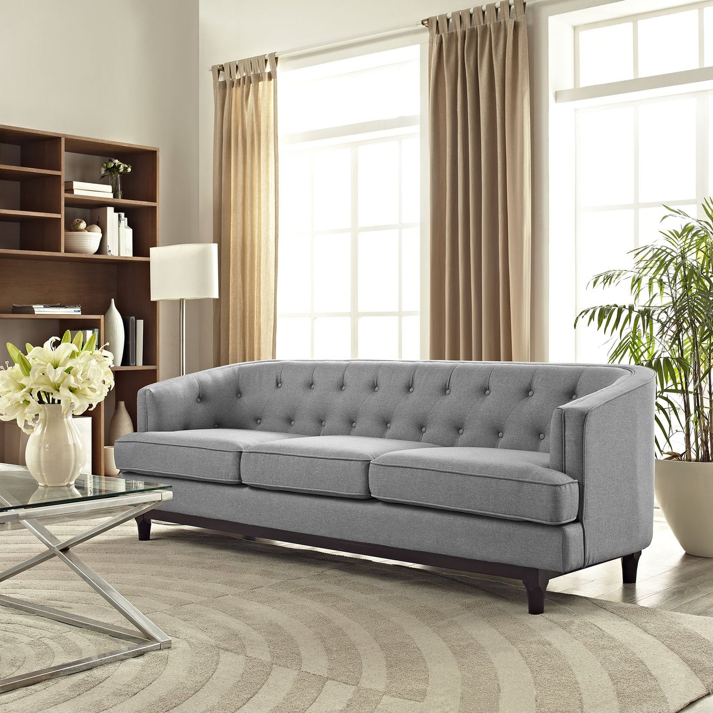 sofas | CasaFoyer Coast Sofa | Elegant Upholstered Fabric with Deep Button Tufting | Walnut Stained Wood Legs | High-Quality Polyester | Dense Foam Cushioning | Removable Seat Covers | Perfect for Modern Living Rooms, Lounges, and Reception Areas | casafoyer.myshopify.com