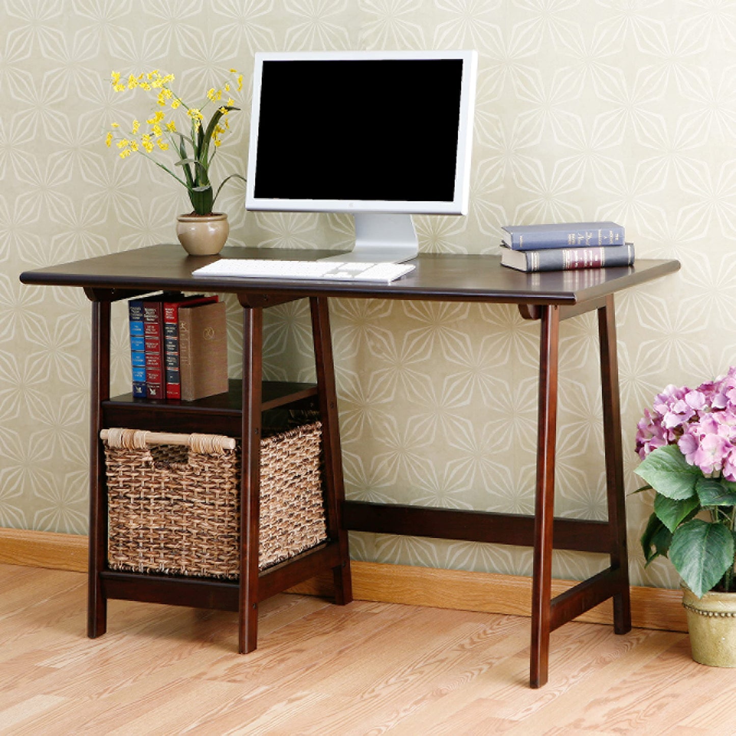 Desk | Langston | Espresso Sawhorse Desk | Minimalist Design | Captivating Grain | A-Frame Legs | Spacious Work Surface | 2 Shelves | Modern Farmhouse Style | casafoyer.myshopify.com