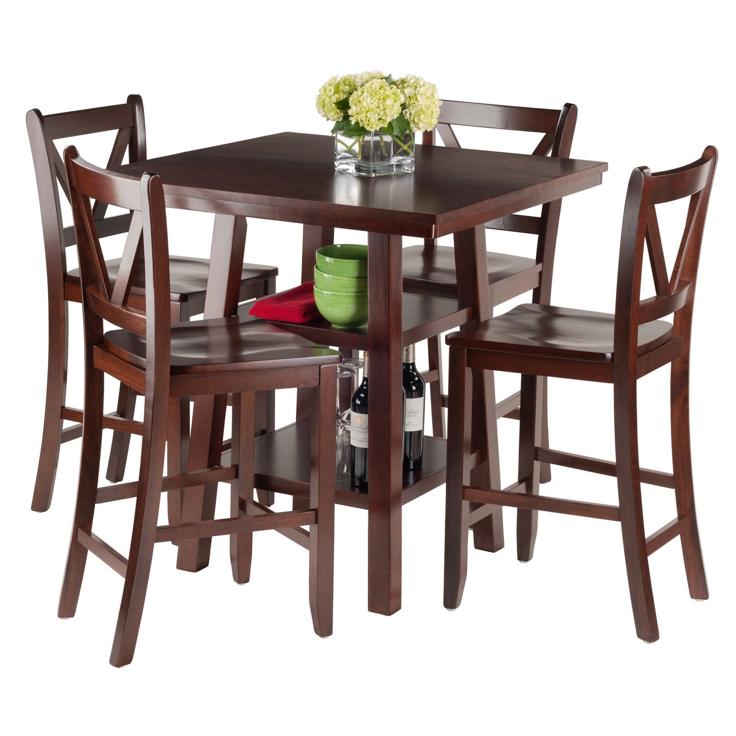 childrens table and chair sets | CasaFoyer Orlando High Table and V-Back Stool Set | 5-Piece Collection | 2 Shelves | Versatile & Stylish | Walnut Finish | Solid Wood | Space-Saving Design | Easy Assembly | casafoyer.myshopify.com