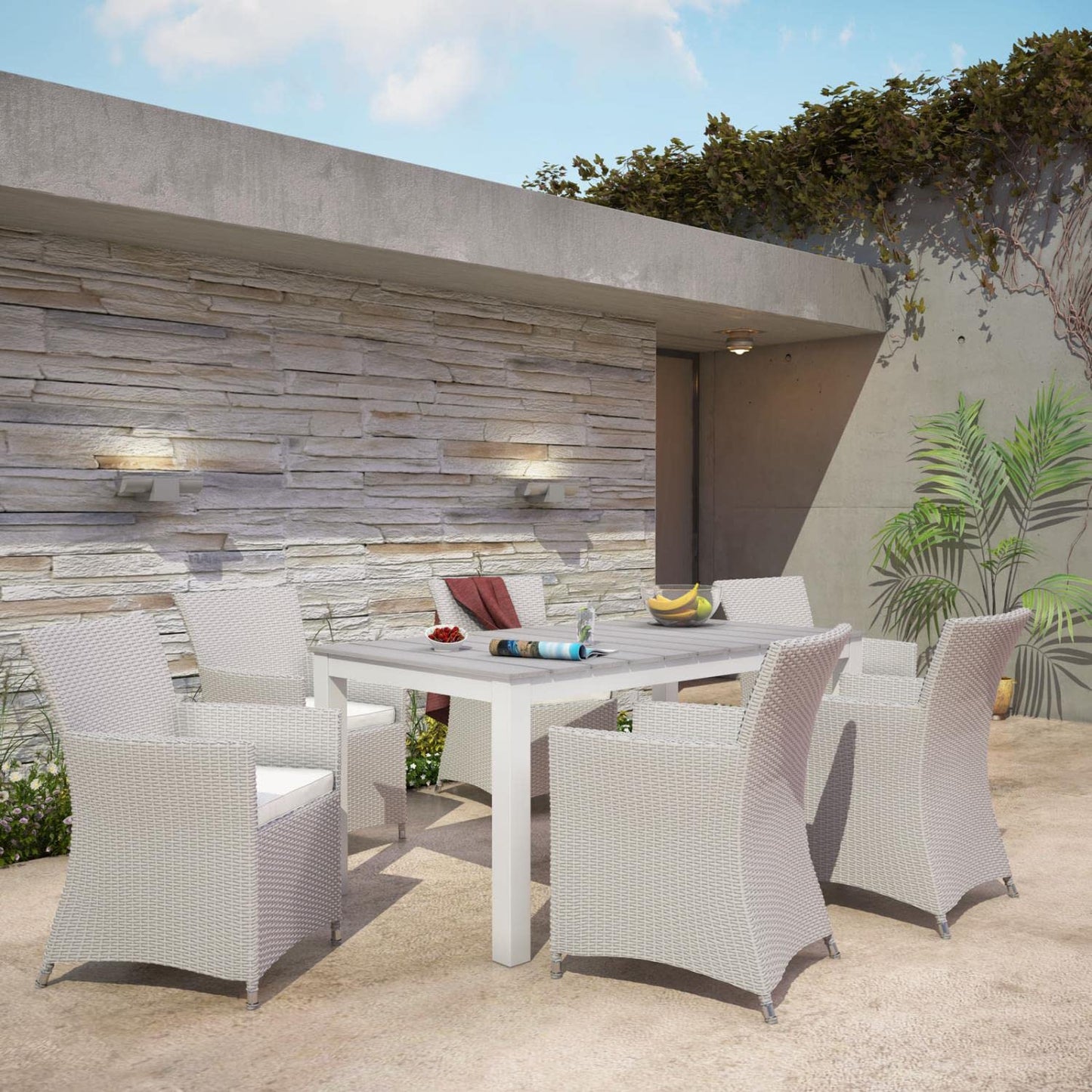 Patio Furniture Sets | Junction Outdoor Patio Dining Furniture Set | Vibrant Style | Durable Rattan Weave | All-Weather Cushions | Fully Assembled | 7 Piece Gray White | casafoyer.myshopify.com