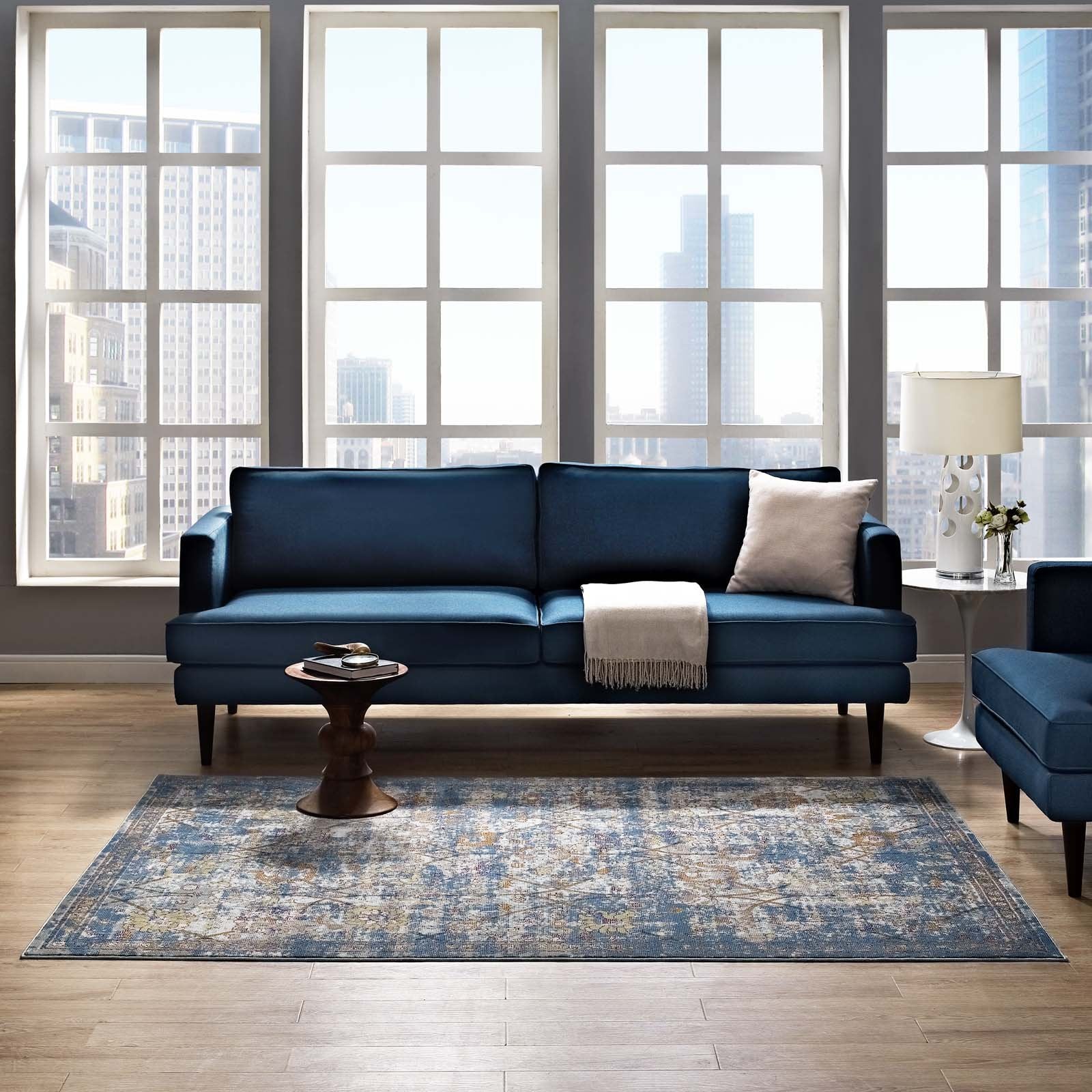 Carpet & Rugs | CasaFoyer Minu Distressed Floral Lattice Area Rug | Elegant Design | Durable Polypropylene | Non-Shedding & Stain-Resistant | Traditional & Modern Decor | 8x10 Blue Gray, Yellow, Orange | casafoyer.myshopify.com