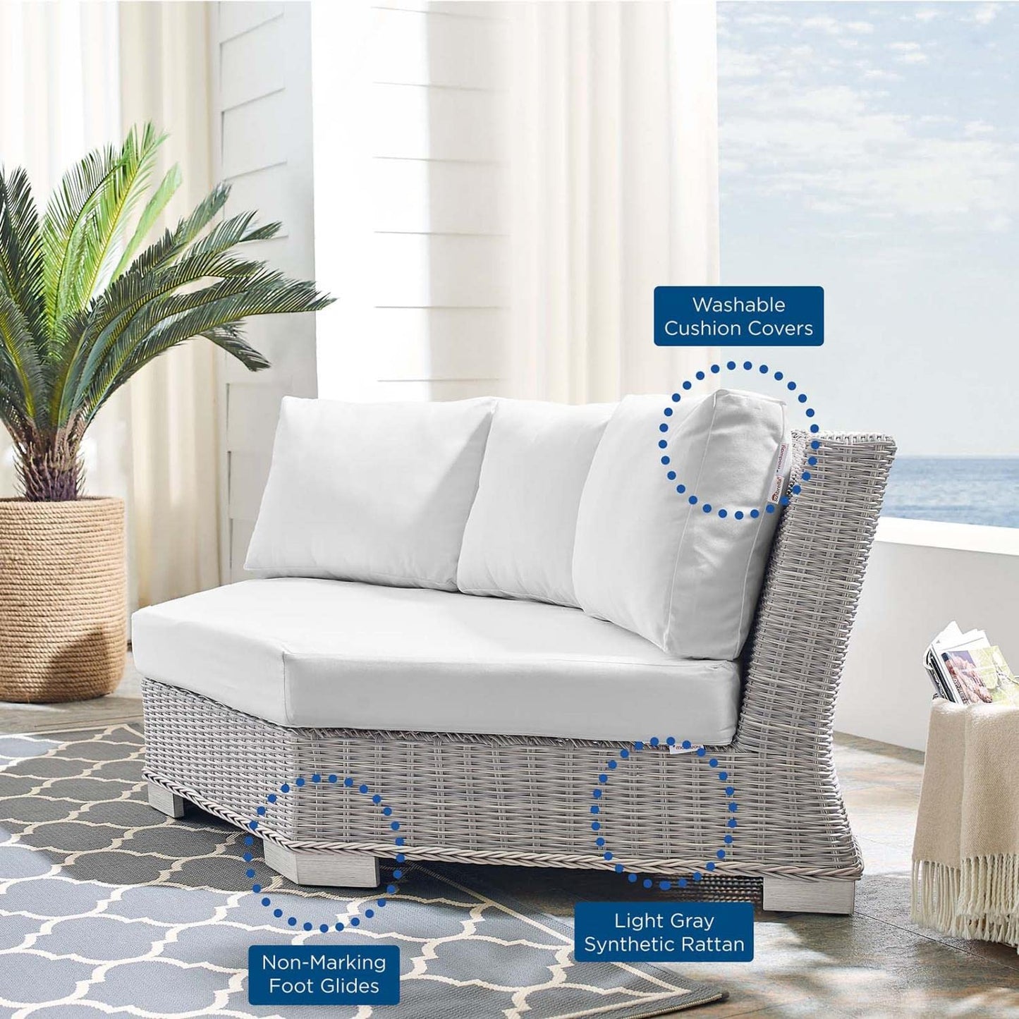 executive chairs | CasaFoyer Conway Outdoor Patio Wicker Rattan Sectional Sofa Round Corner Chair | UV-Resistant | Water-Resistant Sunbrella Fabric | Sturdy Aluminum Frame | Light Gray | casafoyer.myshopify.com
