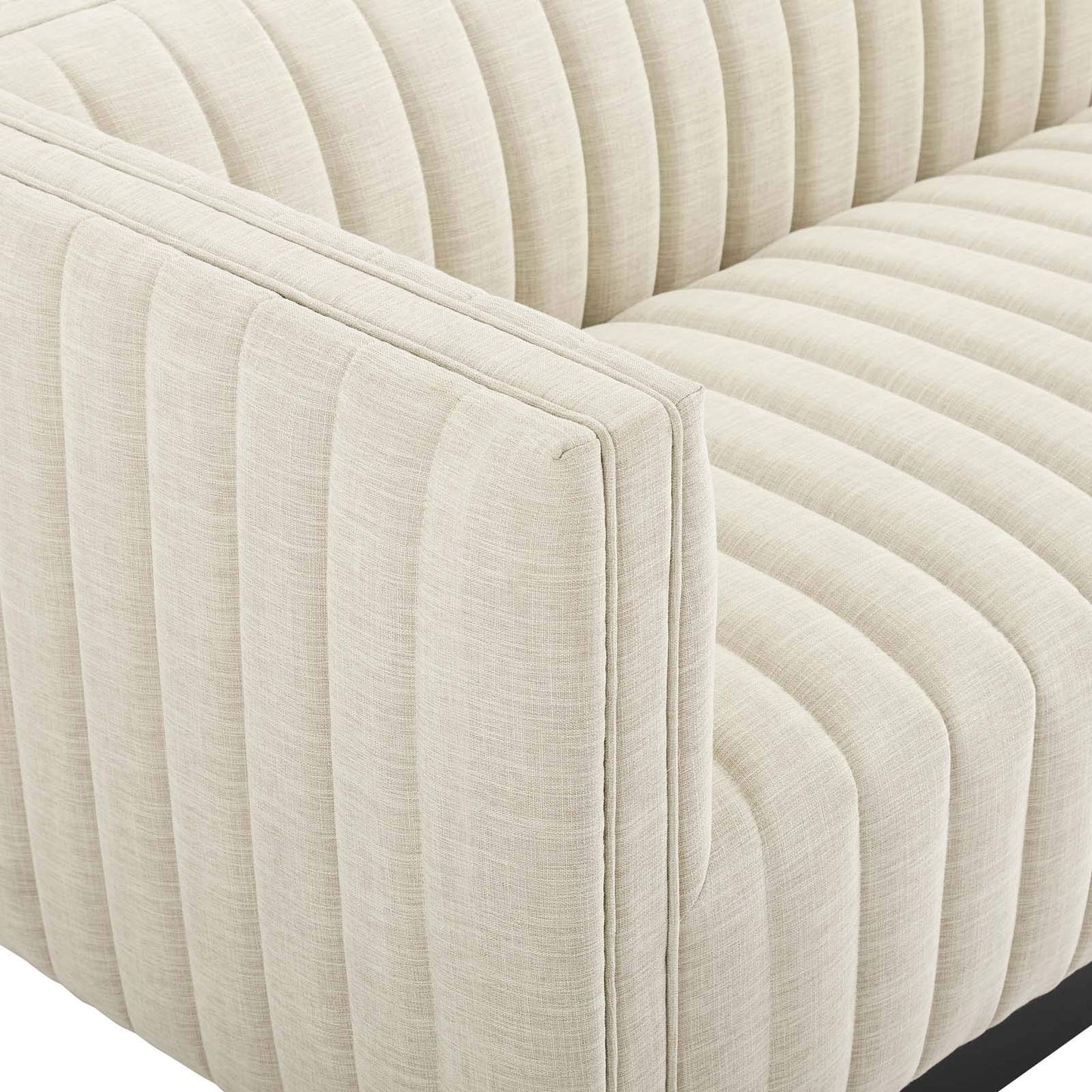 sofas | CasaFoyer Conjure Channel Tufted Fabric Upholstered Sofa | Luxurious Glam Deco Style | Retro Modern Charm | Comfortable Seating | Matte Black Wooden Base | casafoyer.myshopify.com
