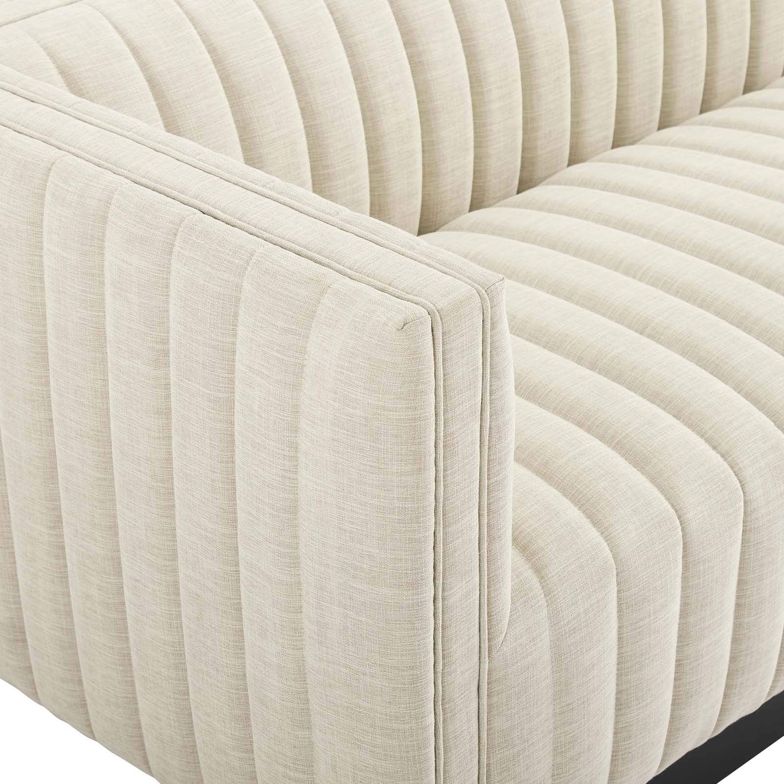 sofas | CasaFoyer Conjure Channel Tufted Fabric Upholstered Sofa | Luxurious Glam Deco Style | Retro Modern Charm | Comfortable Seating | Matte Black Wooden Base | casafoyer.myshopify.com