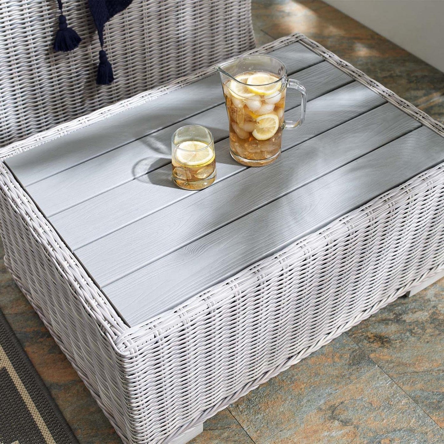 coffee tables | Ergode Conway 32 Outdoor Patio Wicker Rattan Coffee Table - Light Gray | UV-Resistant | Sturdy Aluminum Frame | Stylish Wood-Look | casafoyer.myshopify.com