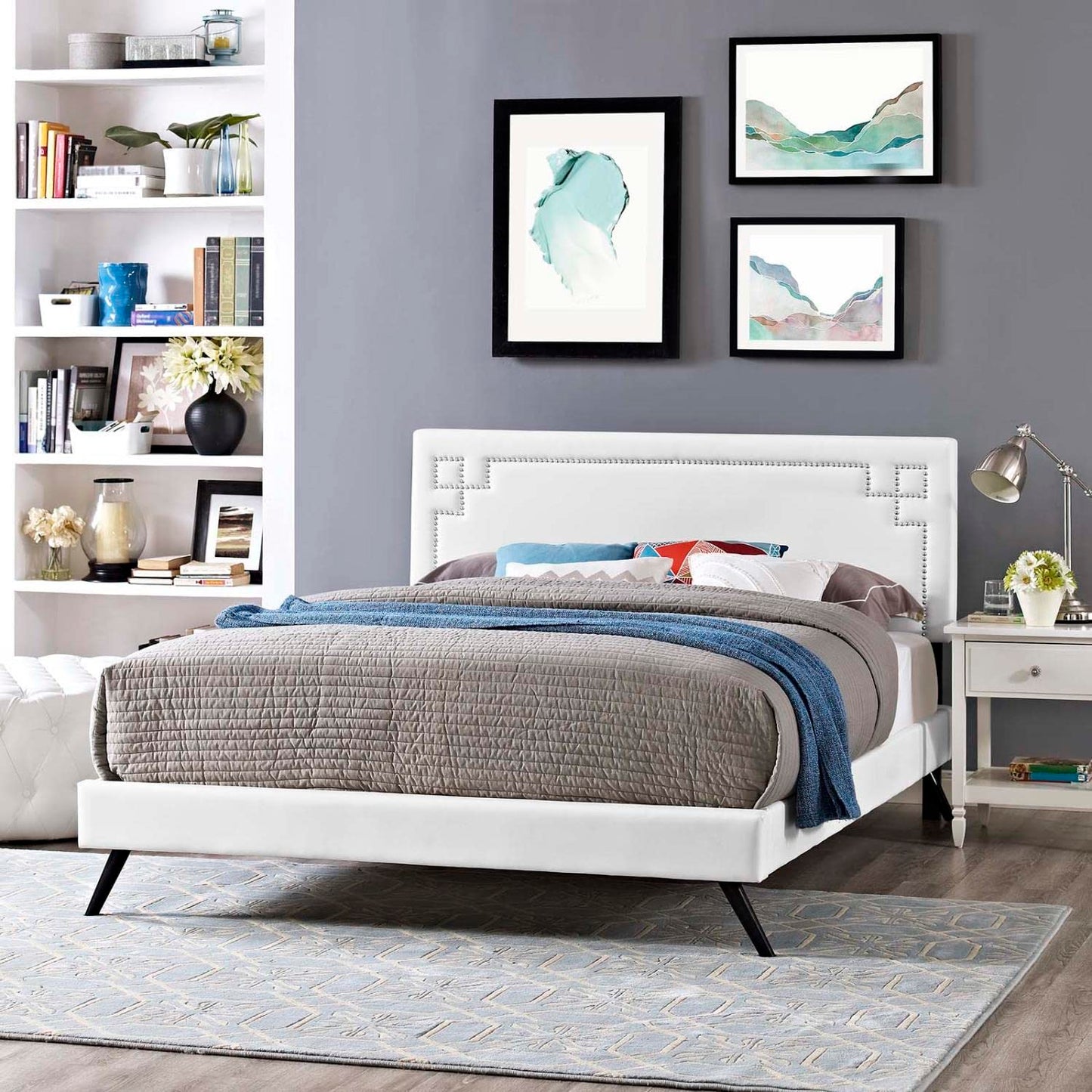 Bed | CasaFoyer Ruthie Platform Bed | Solid Wood Frame | Vinyl Upholstery | Tapered Legs | No Box Spring Needed | Compatible with Memory Foam Mattresses | White | casafoyer.myshopify.com