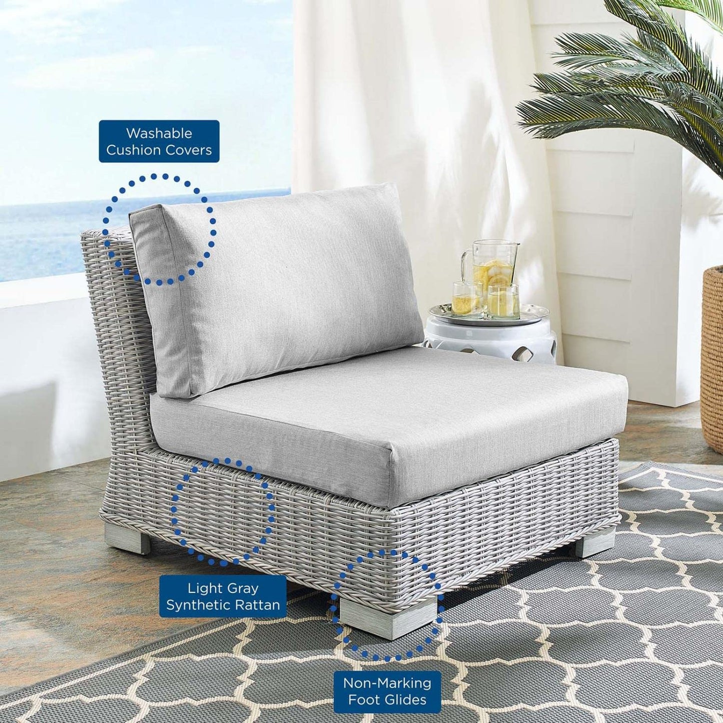 patio bistro sets | CasaFoyer Conway Outdoor Patio Wicker Rattan Armless Chair | Light Gray | UV-Resistant | Sturdy Frame | Water-Resistant Cushions | Trending Design | casafoyer.myshopify.com