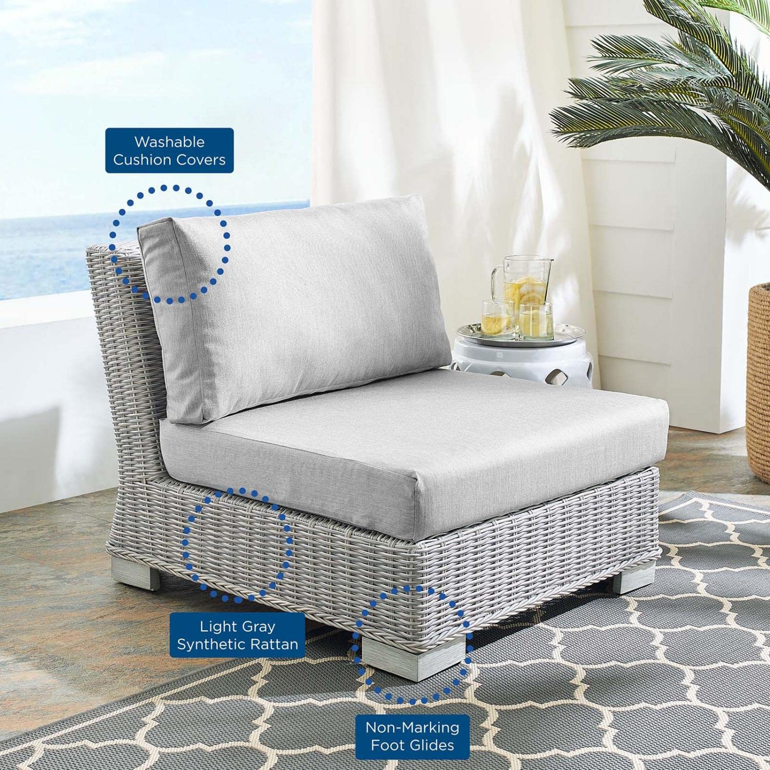 patio bistro sets | CasaFoyer Conway Outdoor Patio Wicker Rattan Armless Chair | Light Gray | UV-Resistant | Sturdy Frame | Water-Resistant Cushions | Trending Design | casafoyer.myshopify.com
