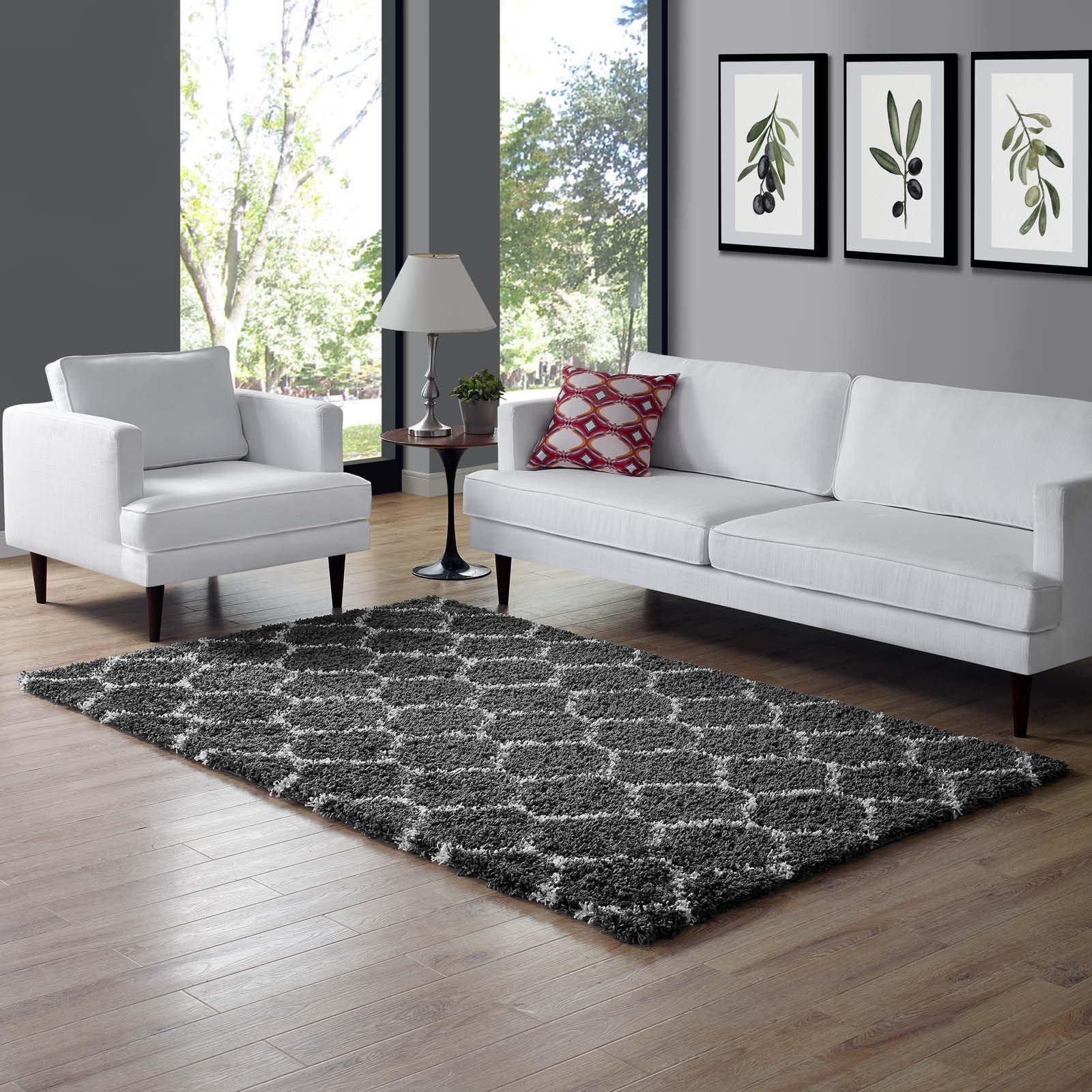 Carpet & Rugs | CasaFoyer Solvea Moroccan Trellis Shag Area Rug | Dark Gray/Ivory | 5x8 ft | Durable Polypropylene | Elegant Lattice Design | Plush 2-inch Pile | Easy to Clean | Perfect for Any Decor | casafoyer.myshopify.com