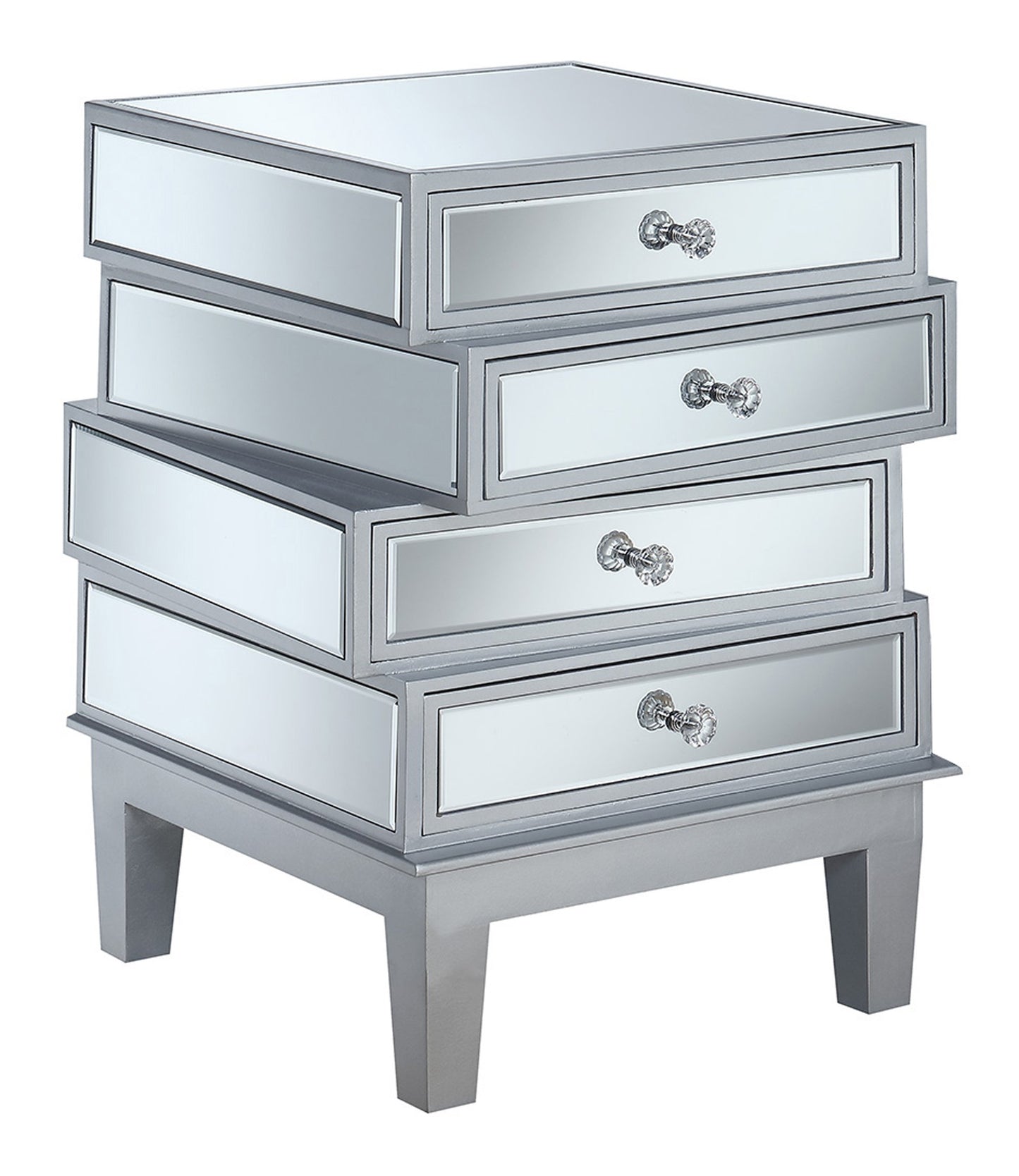 TABLE | Gold Coast J Daniels 4 Drawer End Table | Ample Storage | Mirrored Glass Panels | Faux Crystal Rosette Knobs | Classy Contemporary Look | Ergode | casafoyer.myshopify.com