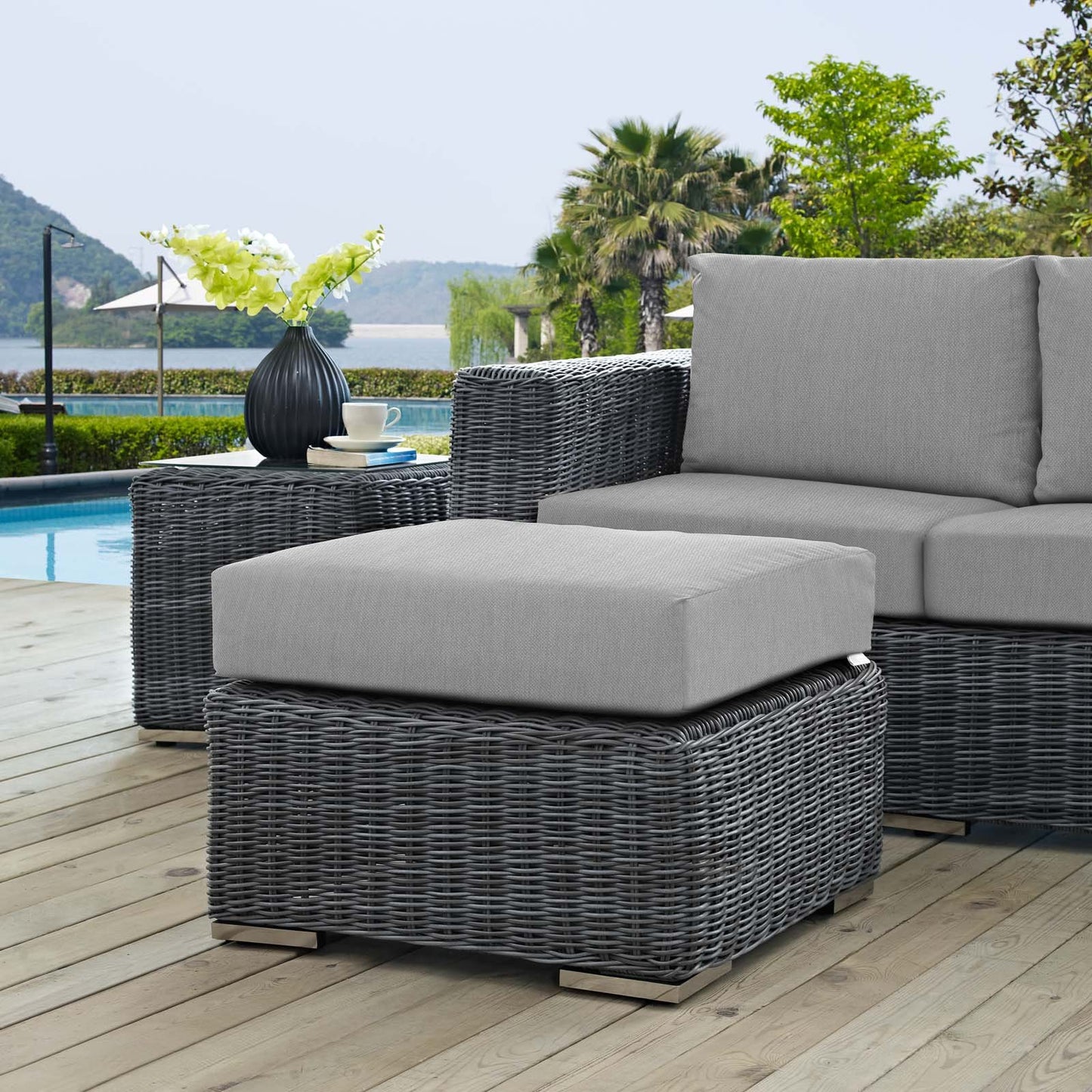 Ottoman | Summon Outdoor Patio Ottoman | Ultimate Comfort & Quality | Two-Tone Rattan Weave | Sunbrella Cushions | Sturdy Aluminum Frame | Modern Design | casafoyer.myshopify.com