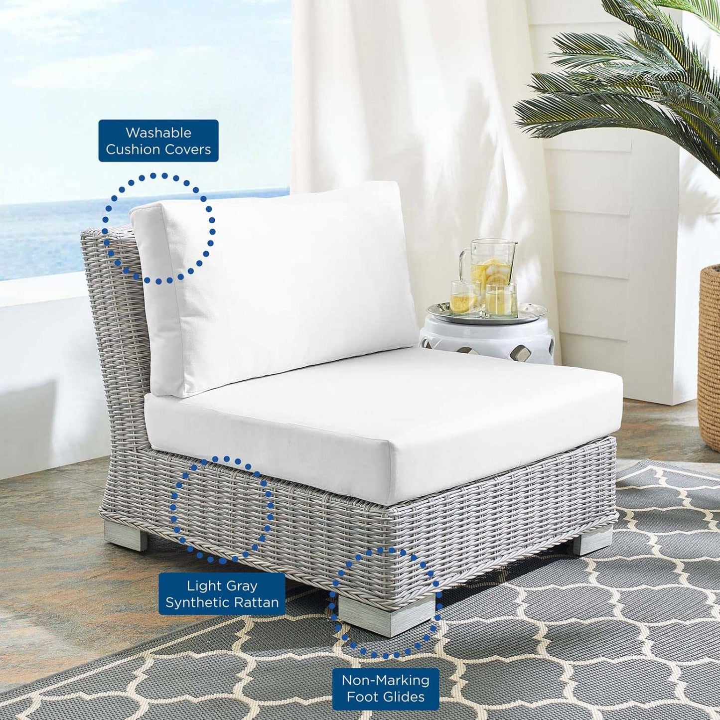 patio bistro sets | CasaFoyer Conway Outdoor Patio Wicker Rattan Armless Chair | Light Gray | UV-Resistant | Water-Resistant Sunbrella Cushions | Powder-Coated Aluminum Frame | casafoyer.myshopify.com