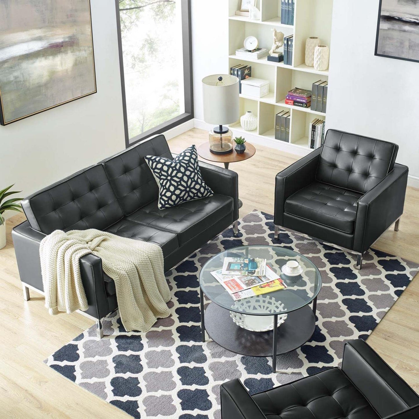 kitchen and dining room sets | CasaFoyer Loft Tufted Faux Leather Loveseat & Armchair Set | Modern Design | Stainless Steel Frame | Button Tufting | Silver Legs | casafoyer.myshopify.com