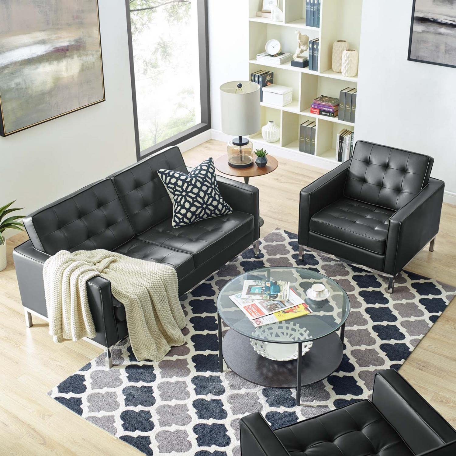 kitchen and dining room sets | CasaFoyer Loft Tufted Faux Leather Loveseat & Armchair Set | Modern Design | Stainless Steel Frame | Button Tufting | Silver Legs | casafoyer.myshopify.com