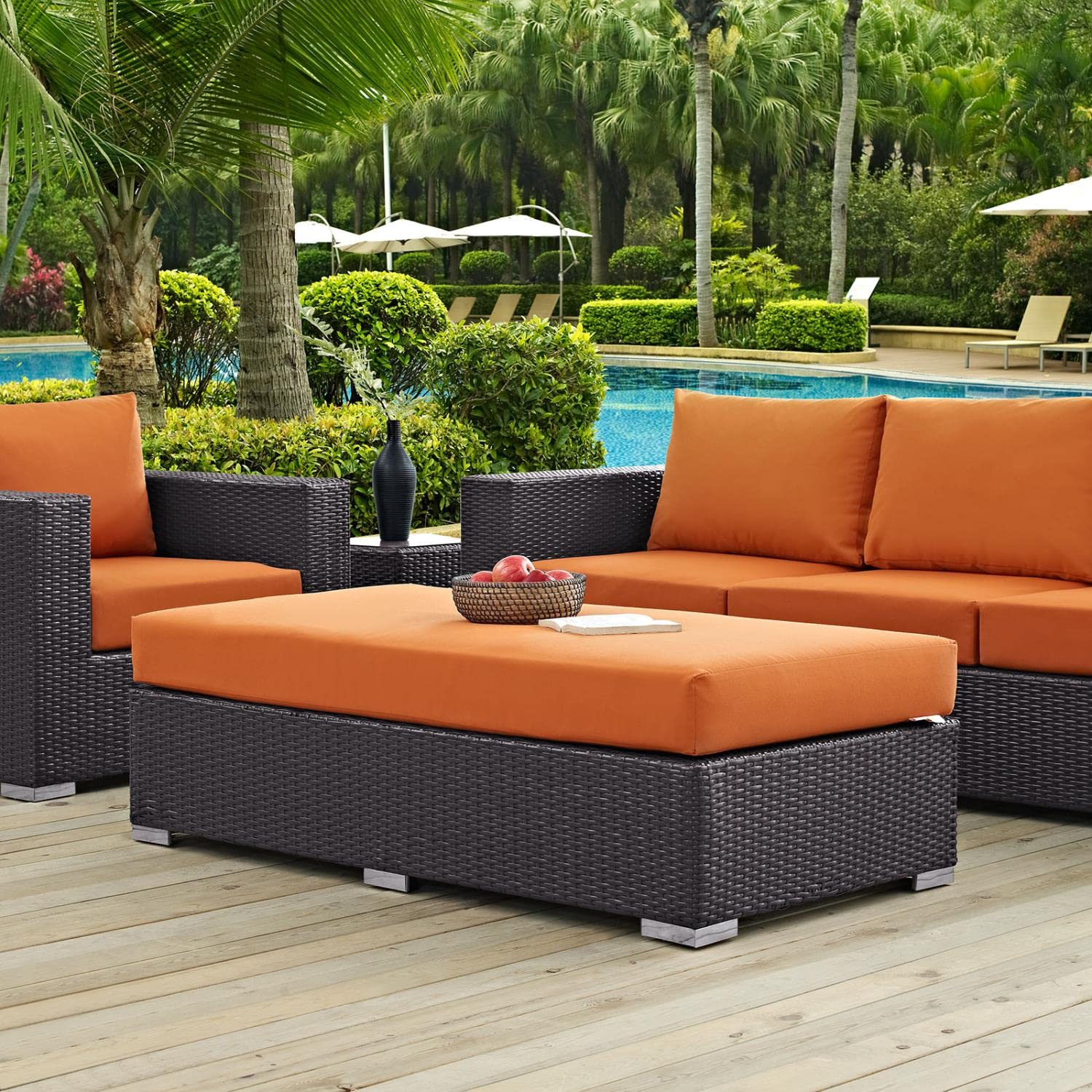 ottomans | CasaFoyer Convene Outdoor Sectional | Durable Rattan Ottoman | All-Weather Cushions | Espresso Orange | casafoyer.myshopify.com