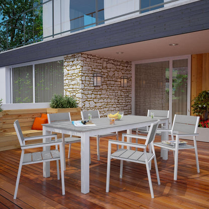 Dining Table | Maine Outdoor Patio Dining Furniture Collection | Synthetic Wood Grain Plank Boards | Aluminum Frame | Contemporary Design | Ideal for Outdoor Dining | Includes 80 Dining Table & 6 Armchairs | casafoyer.myshopify.com