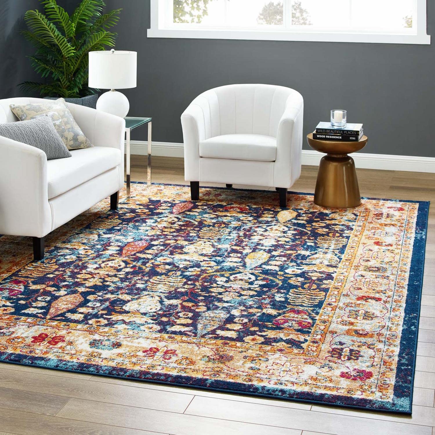 area rugs | CasaFoyer Jessa Distressed Vintage Floral Lattice Area Rug | Durable Frise Polypropylene | Rubber Bottom | High Density Low Pile Weave | Stain Resistant | 8x10 | Blue/Orange/Yellow/Red | casafoyer.myshopify.com