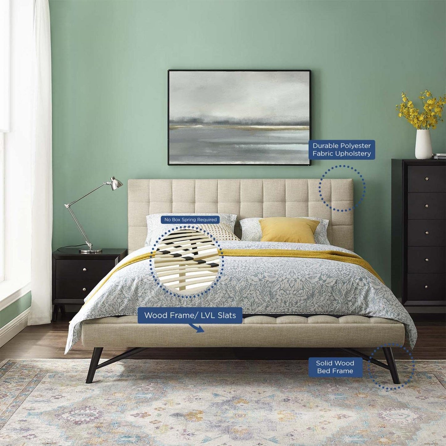 adjustable bed bases | CasaFoyer Julia Queen Platform Bed | Sturdy Plywood Frame | Biscuit Tufted Upholstery | Low-Profile Design | Wood Slat Support System | 800 lbs Capacity | casafoyer.myshopify.com