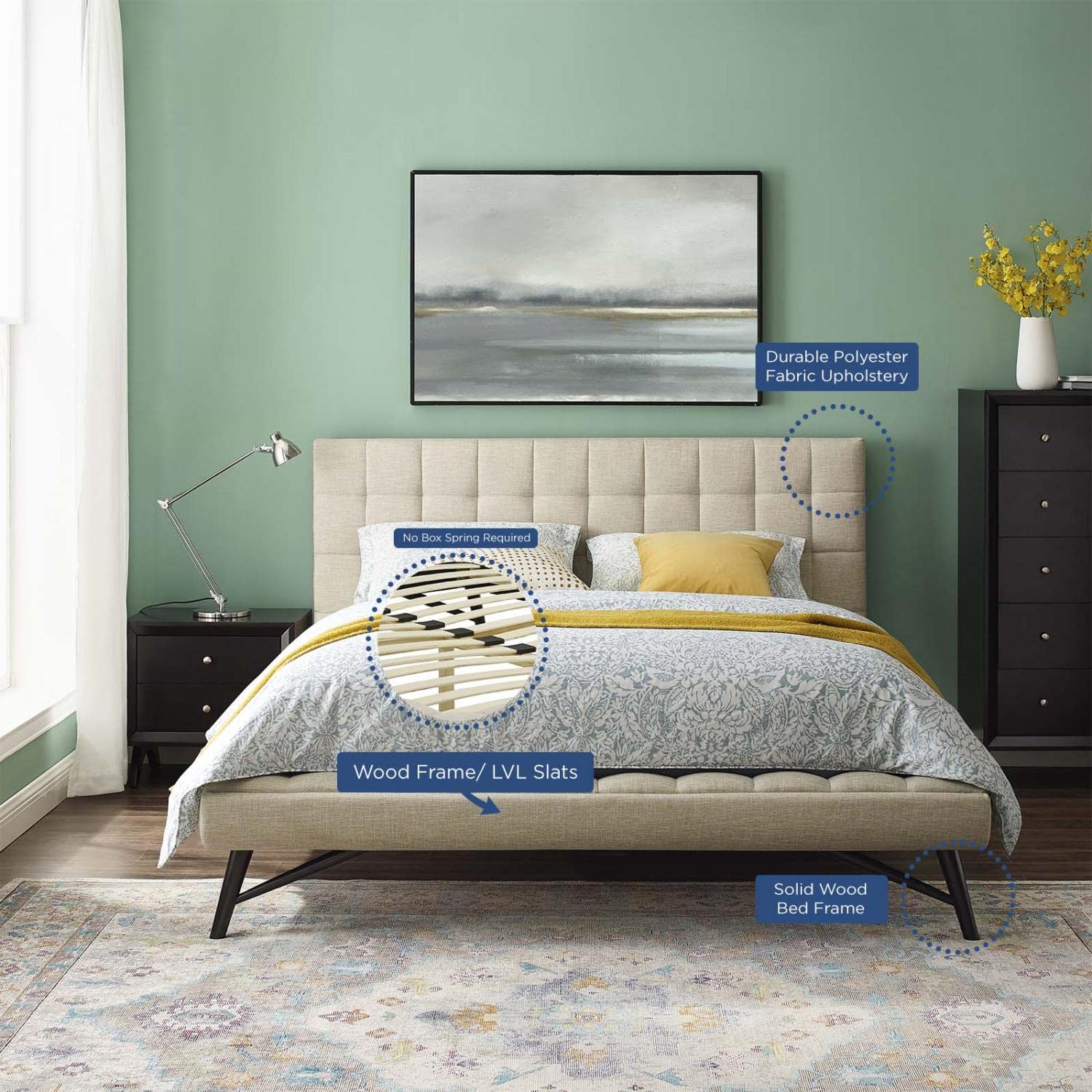 adjustable bed bases | CasaFoyer Julia Queen Platform Bed | Sturdy Plywood Frame | Biscuit Tufted Upholstery | Low-Profile Design | Wood Slat Support System | 800 lbs Capacity | casafoyer.myshopify.com