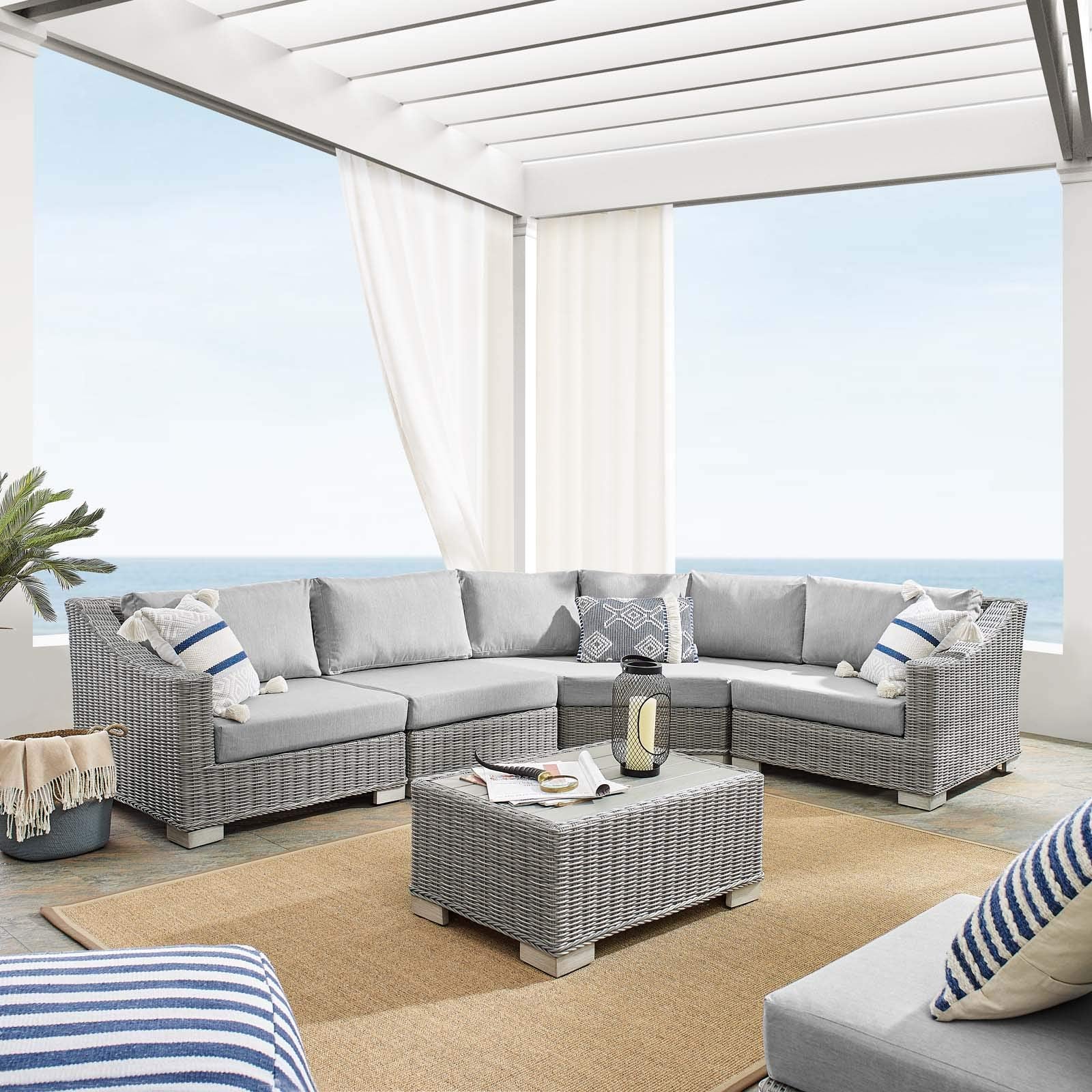 sofas | CasaFoyer Conway Outdoor Patio Sunbrella Wicker Rattan 5-Piece Sectional Sofa Furniture Set | Light Gray | UV-Resistant | Modular Design | Aluminum Frame | Water-Resistant Cushions | casafoyer.myshopify.com