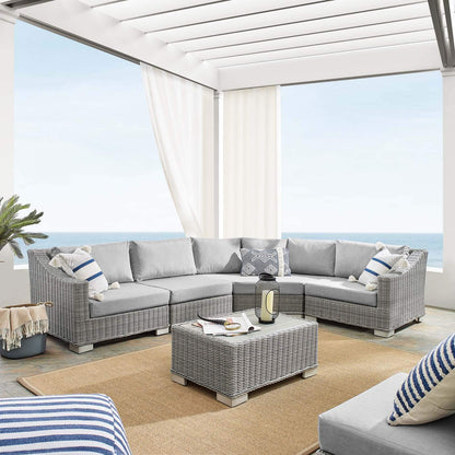sofas | CasaFoyer Conway Outdoor Patio Sunbrella Wicker Rattan 5-Piece Sectional Sofa Furniture Set | Light Gray | UV-Resistant | Modular Design | Aluminum Frame | Water-Resistant Cushions | casafoyer.myshopify.com