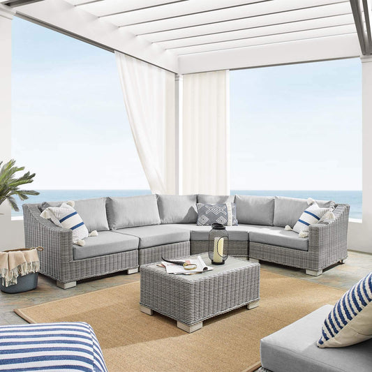 sofas | CasaFoyer Conway Outdoor Patio Sunbrella Wicker Rattan 5-Piece Sectional Sofa Furniture Set | Light Gray | UV-Resistant | Modular Design | Aluminum Frame | Water-Resistant Cushions | casafoyer.myshopify.com
