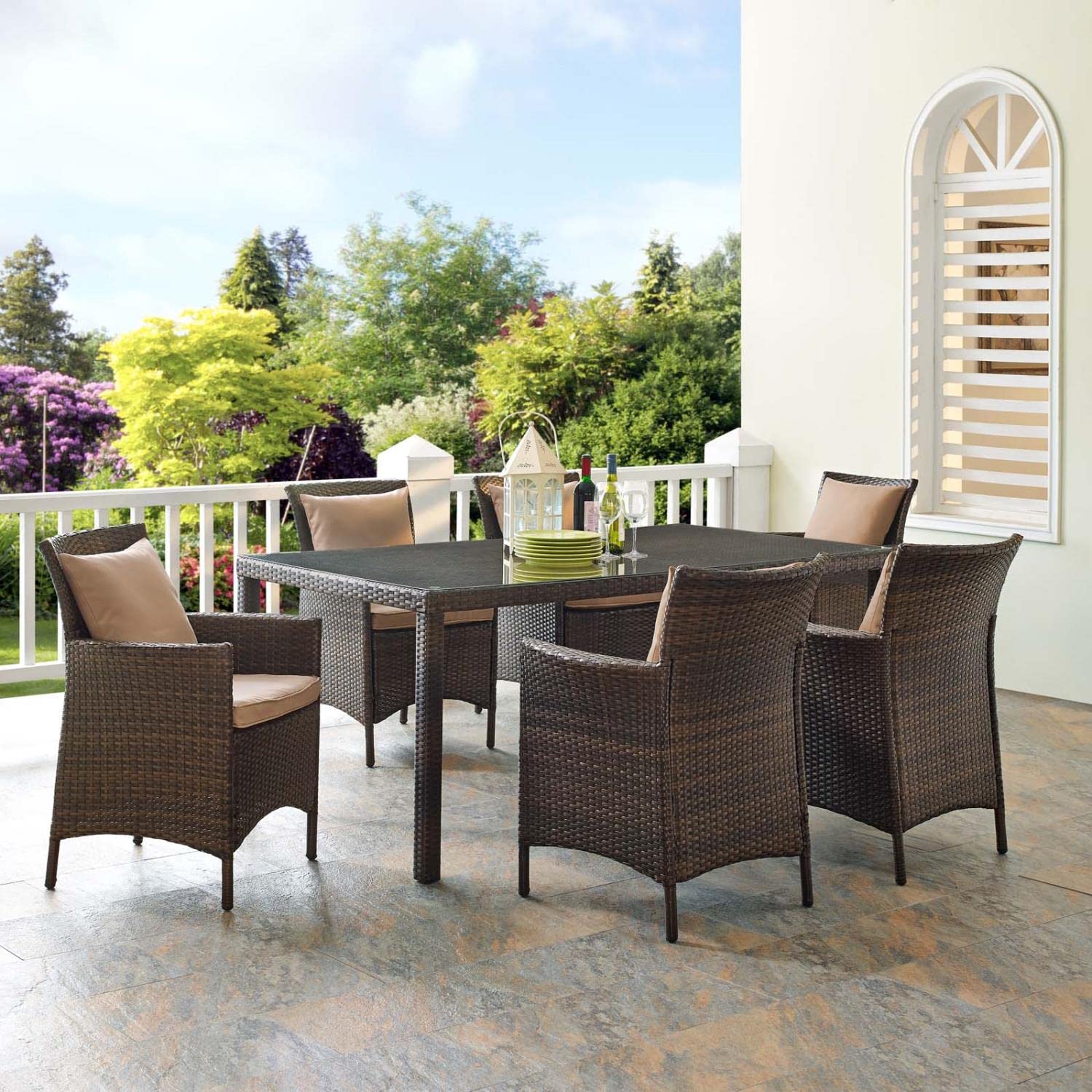 kitchen and dining room sets | CasaFoyer Conduit 7 Piece Outdoor Patio Dining Set | Transitional Style | UV-Resistant Wicker Rattan | Tempered Glass Tabletop | Comfortable Cushions | casafoyer.myshopify.com