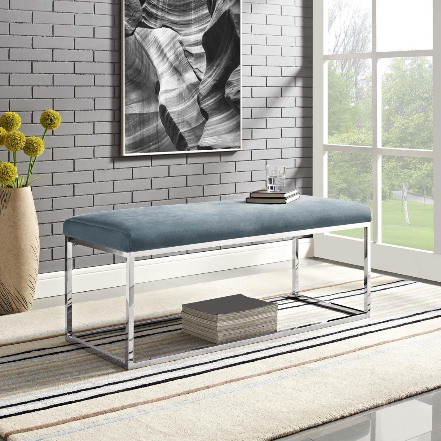 ottomans | CasaFoyer Anticipate Performance Velvet Bench | Modern Design | Luxurious Upholstery | Gold Stainless Steel Base | Non-Marking Footpads | Comfortable Seat Cushion | No Assembly Required | Gray | casafoyer.myshopify.com