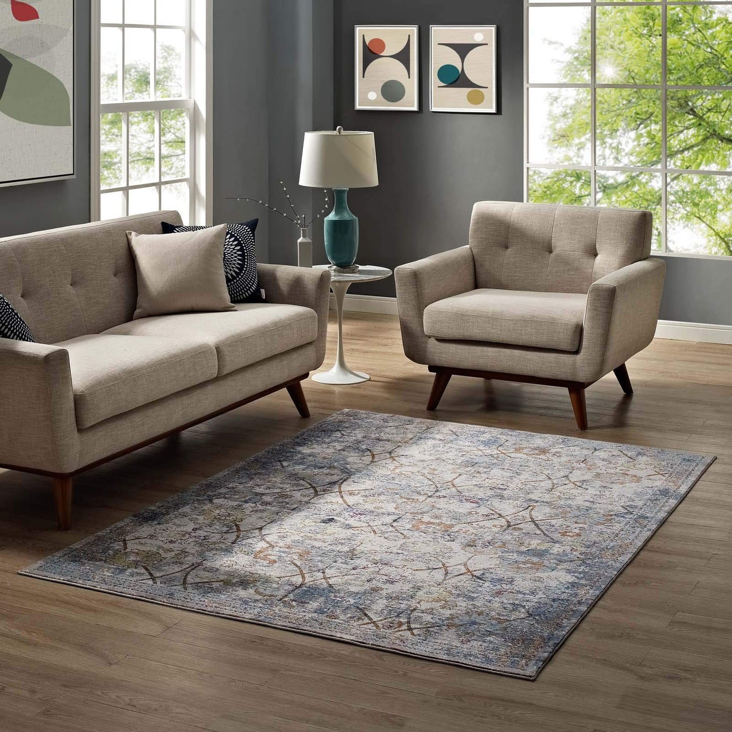 Carpet & Rugs | CasaFoyer Minu Distressed Floral Lattice Area Rug | Durable Polypropylene | Rubber Backing | Non-Shedding | Stain-Resistant | 8x10 | Light Blue, Yellow, Orange | casafoyer.myshopify.com
