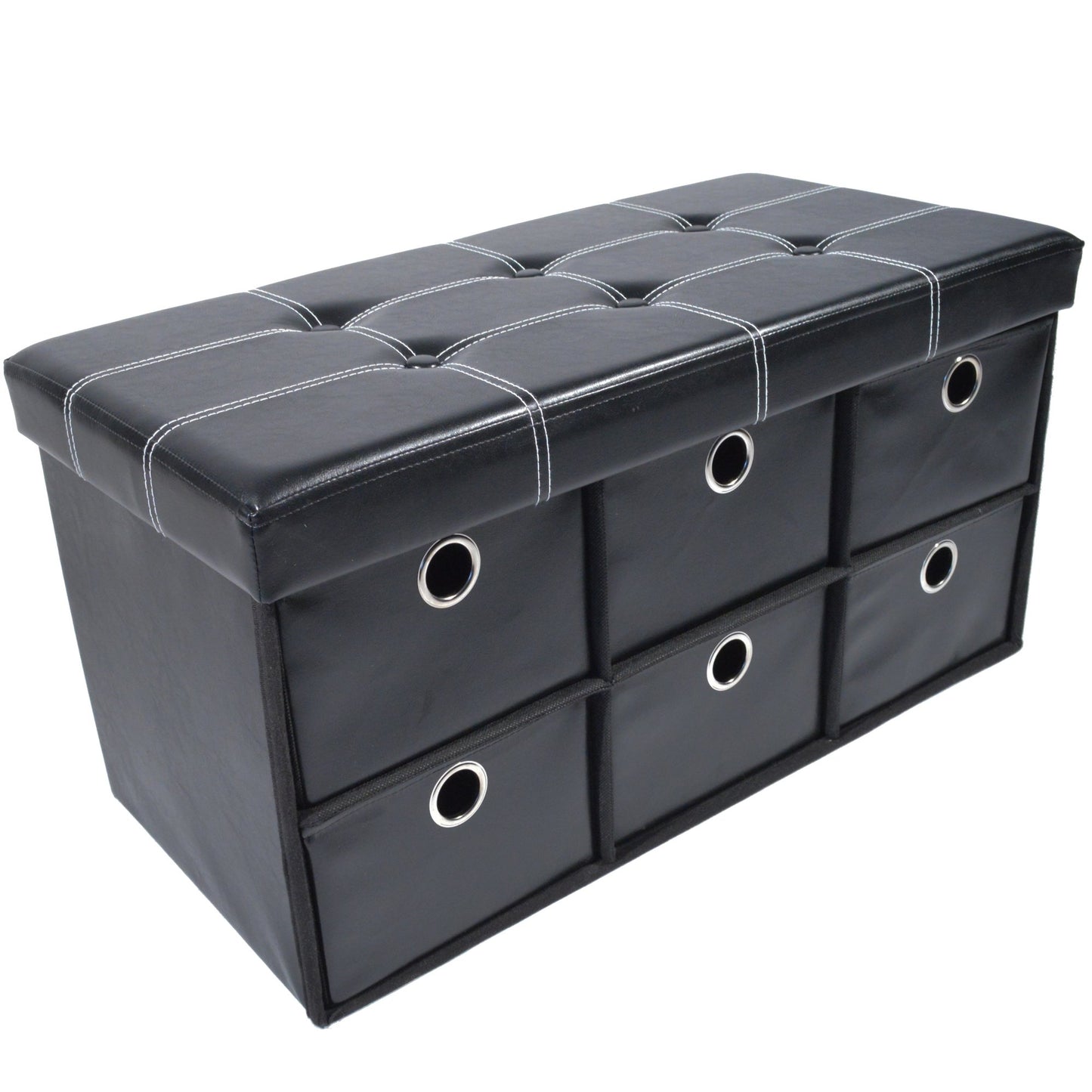 ottomans | CasaFoyer Collapsible 6 Drawer Storage Ottoman | Stylish & Functional Entryway Organizer | Shoe Bench & Footboard Ottoman | Black Faux Leather | 30x15x15 | casafoyer.myshopify.com