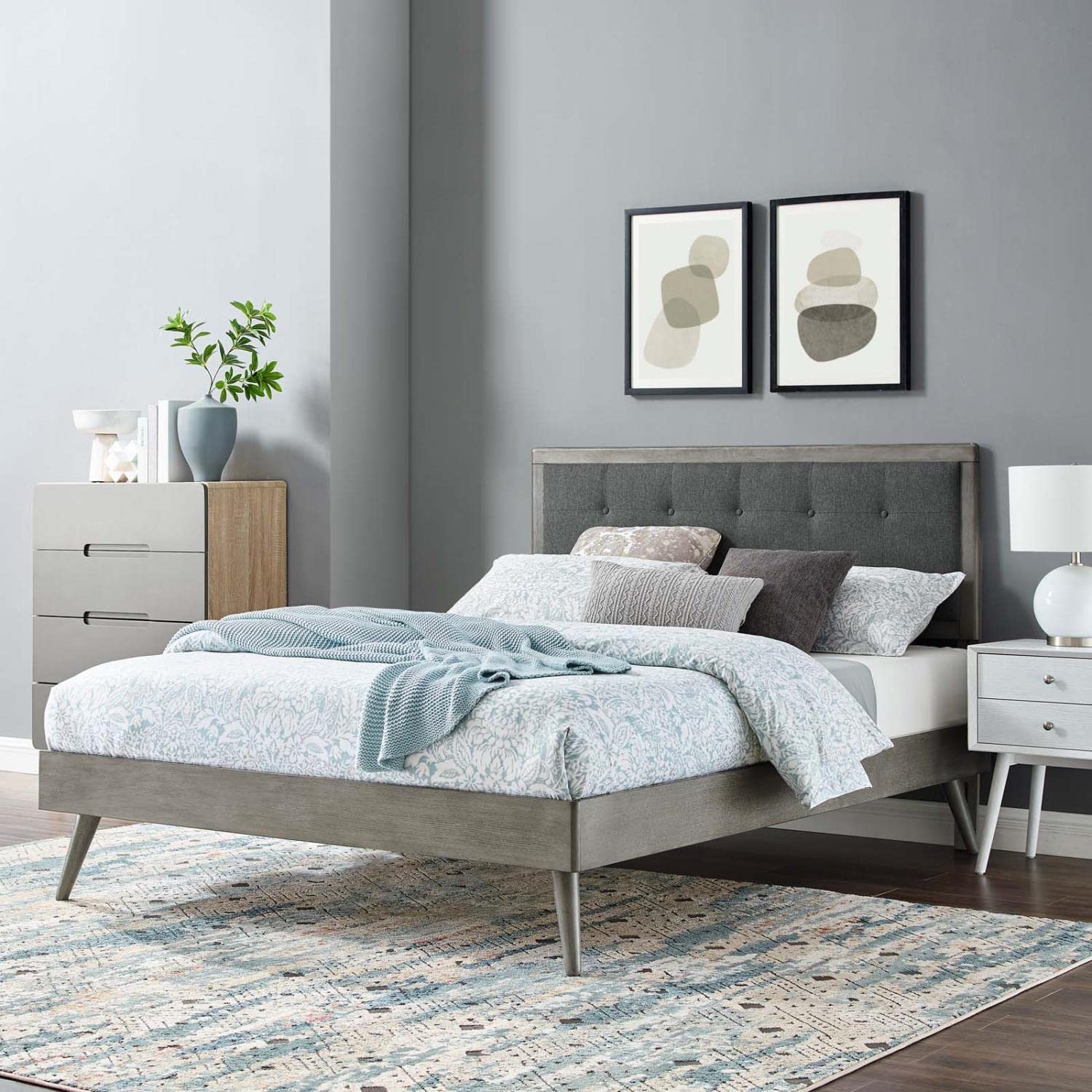 adjustable bed bases | CasaFoyer Willow Tufted Wood Full Platform Bed | Mid-Century Design | Upholstered Headboard | Sturdy Wood Frame | Splayed Legs | Gray Charcoal | casafoyer.myshopify.com