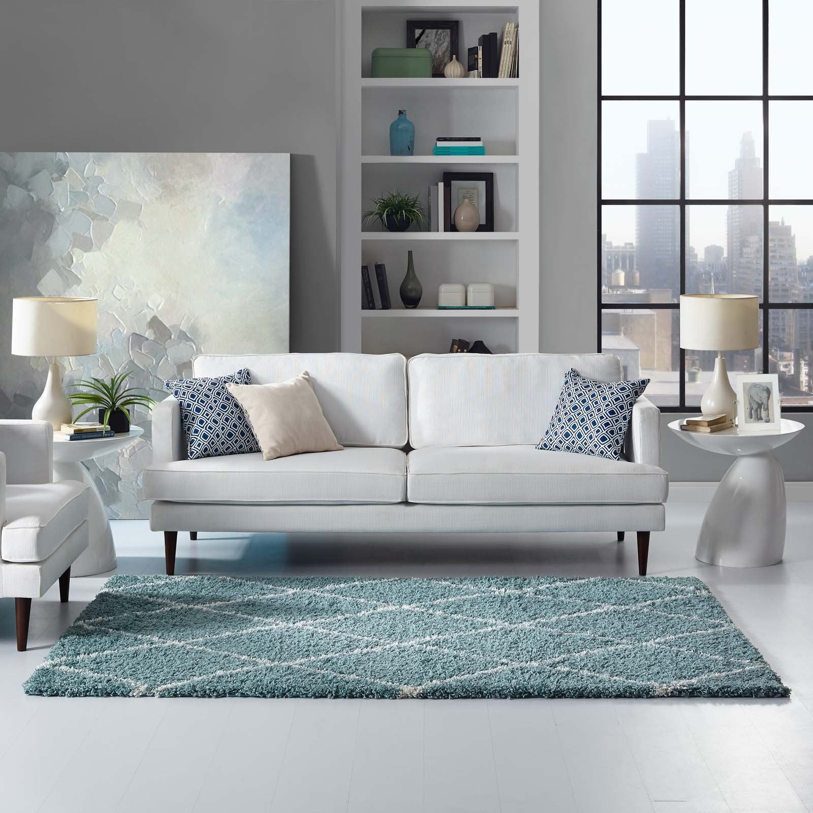 Carpet & Rugs | CasaFoyer Toryn Diamond Trellis Shag Area Rug | Aqua Blue/Ivory | 5x8 ft | Durable Polypropylene | Lattice Pattern | High Pile | Non-Shedding | Easy to Clean | casafoyer.myshopify.com