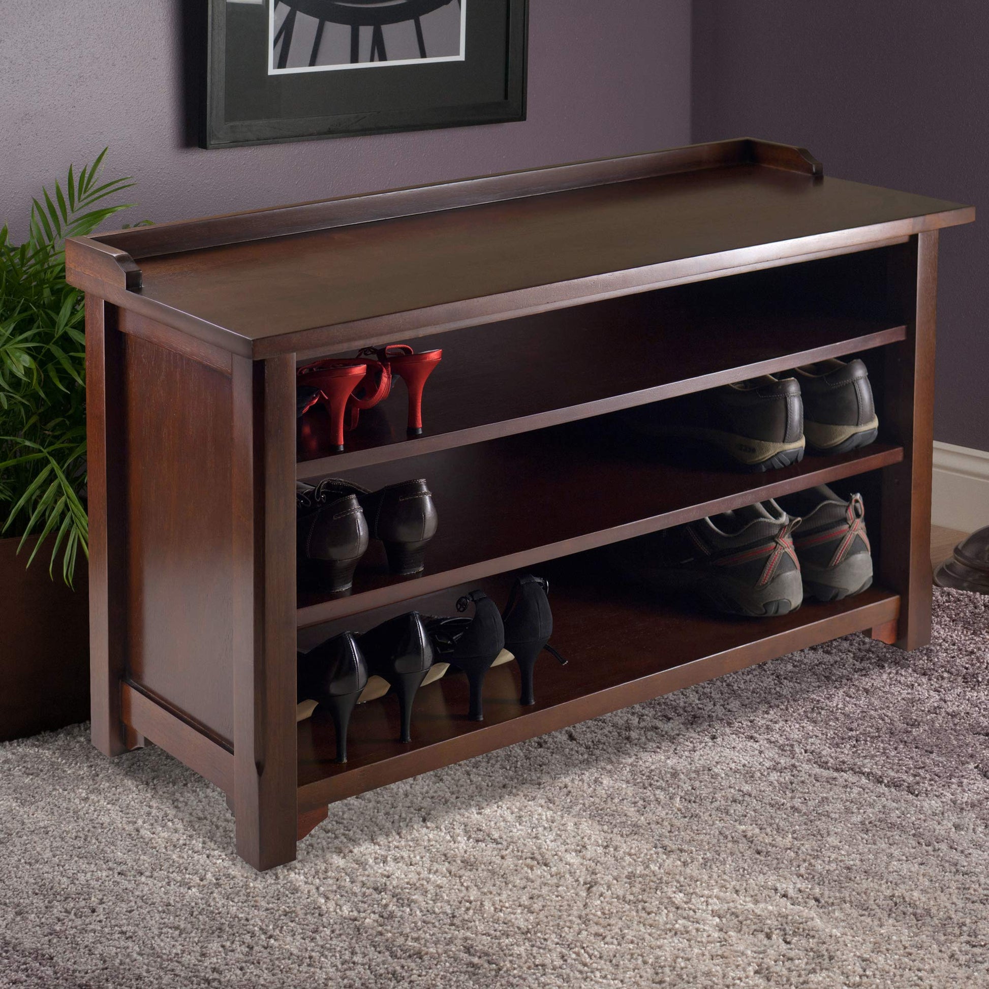 BENCH | Ergode Dayton Bench | Shoe Storage Solution with 3 Shelves | Antique Walnut Finish | 40W x 17D x 22H | Solid & Composite Wood | Easy Assembly | casafoyer.myshopify.com