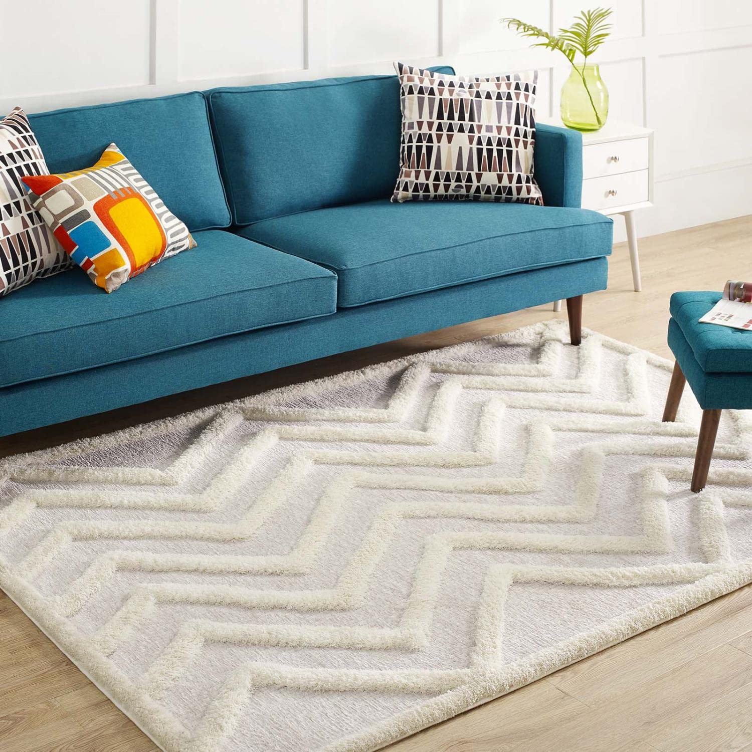 Carpet & Rugs | CasaFoyer Pathway Abstract Chevron 5x8 Shag Area Rug | Elegant Ivory & Light Gray Design | Luxurious Polyester & Chenille Blend | Durable & Family-Friendly | Perfect for Living Room, Bedroom, or Family Room | Easy to Clean & Maintain | Includes One Rug | casafoyer.myshopify.com