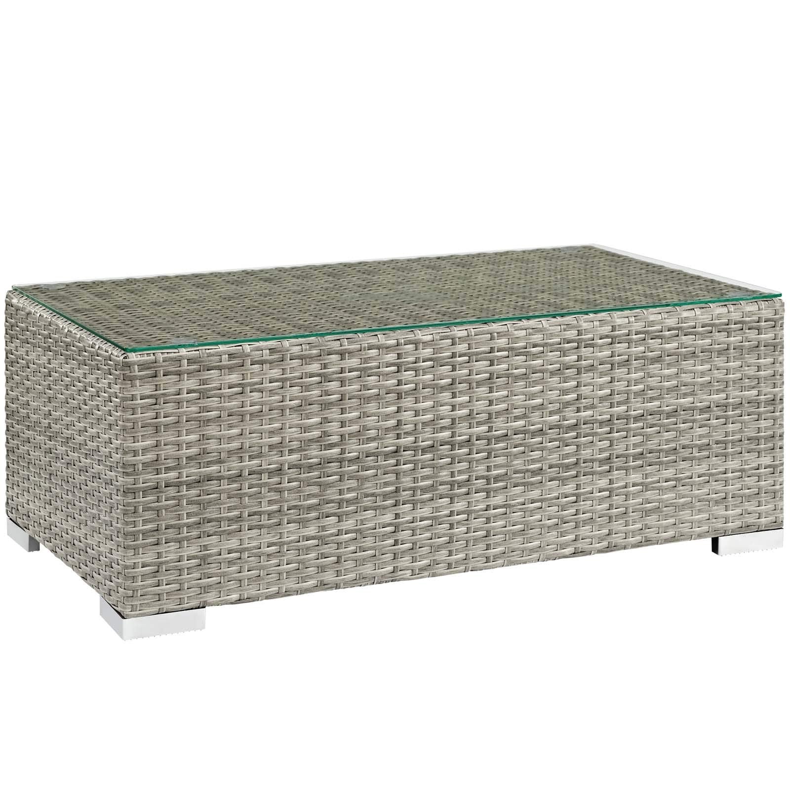 coffee tables | Ergode Repose Outdoor Patio Coffee Table | Tan/Gray Synthetic Rattan Weave | UV Protected | Tempered Glass Top | Non-Marking Foot Pads | Sturdy Aluminum Frame | casafoyer.myshopify.com
