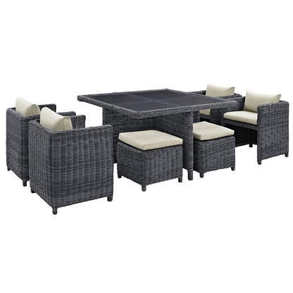 Patio Furniture Sets | Summon Outdoor Patio Furniture Dining Set | Luxurious 9 Piece | Sunbrella Fabric | Synthetic Rattan Weave | All-Weather Cushions | Powder-Coated Aluminum Frame | casafoyer.myshopify.com