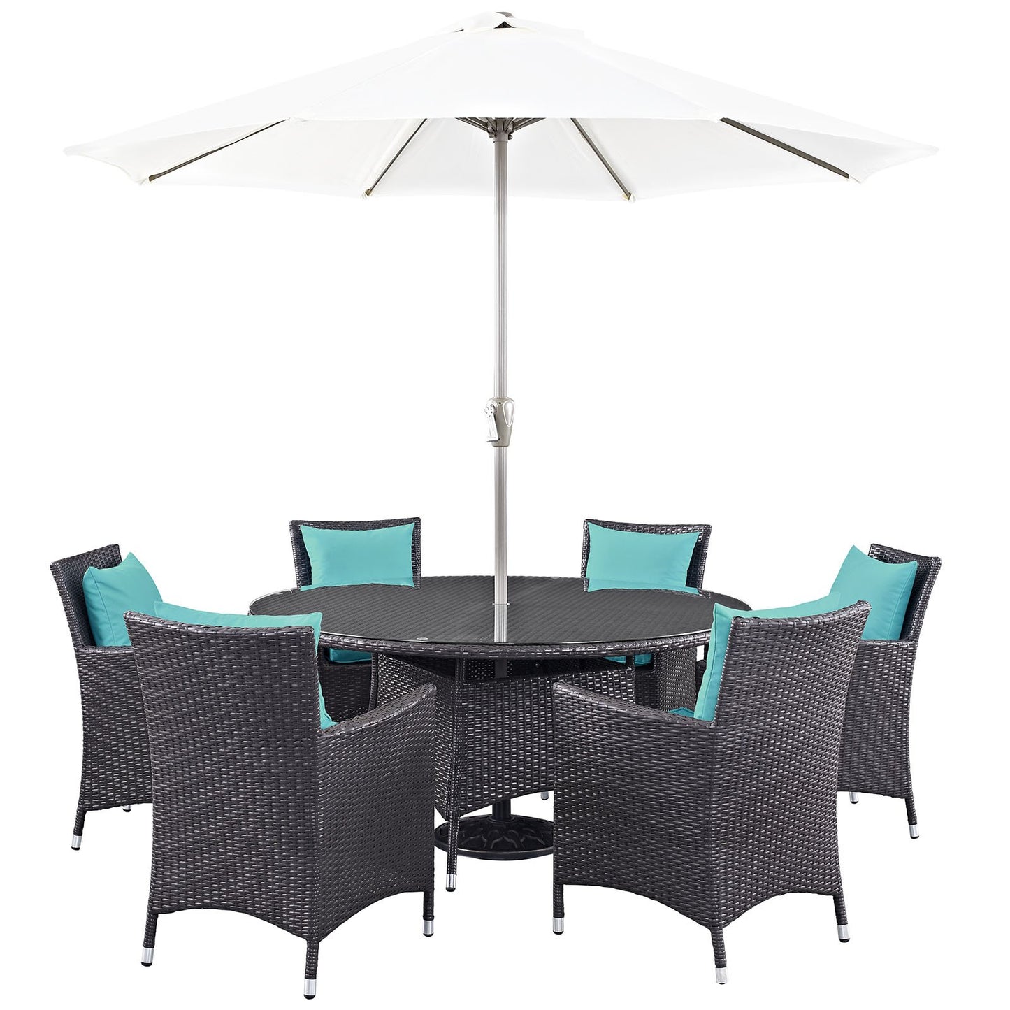 kitchen and dining room sets | CasaFoyer Convene Outdoor Sectional Series | Weather-Resistant Patio Dining Set with Umbrella | 8 Piece Espresso Turquoise | casafoyer.myshopify.com