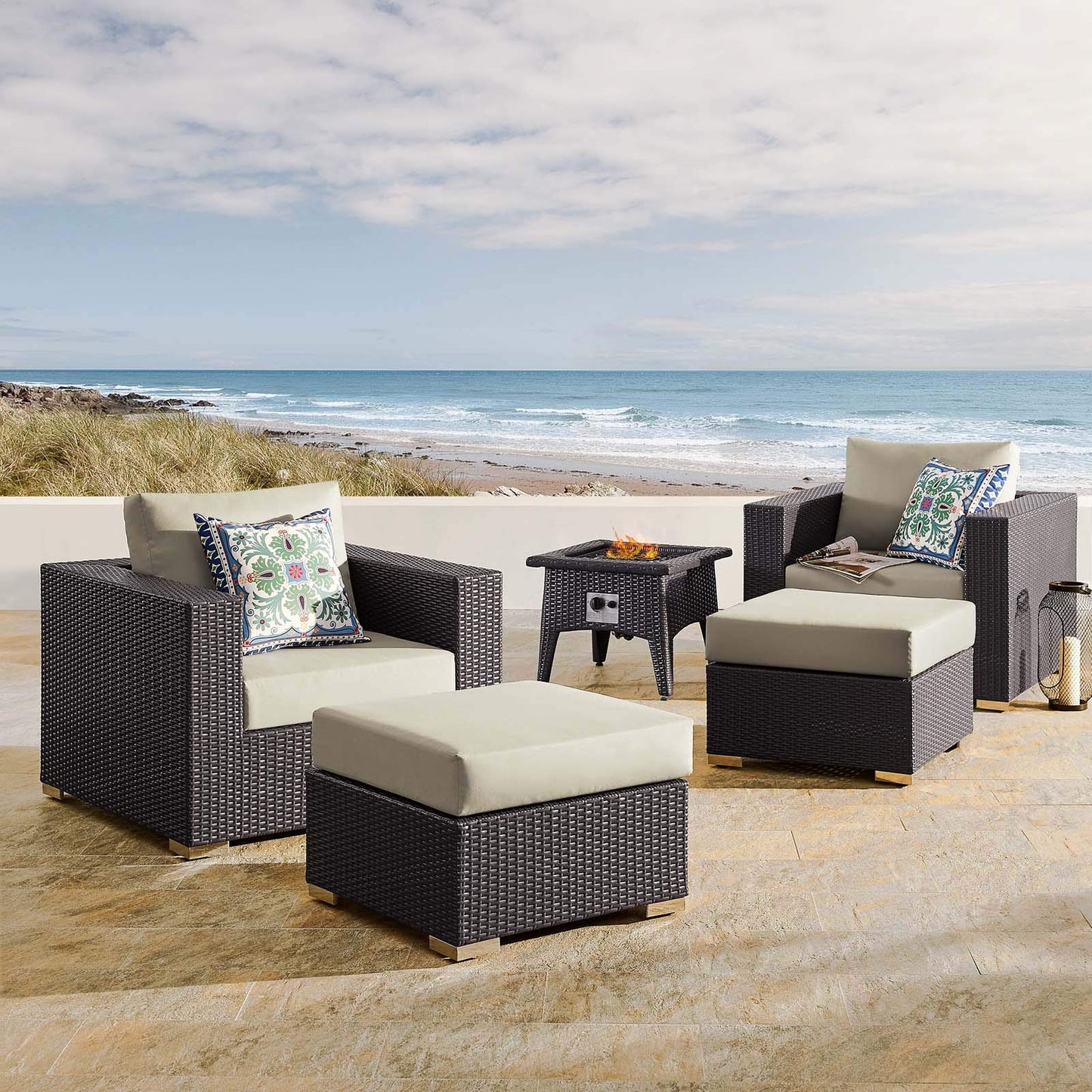 kitchen and dining room sets | CasaFoyer Convene Outdoor Patio Furniture Set | Fire Table | Aluminum Frames | Synthetic Wicker Rattan | Water & UV-Resistant Cushions | CSA Certified | 40,000 BTU Burner | Includes Fire Pit, Armchairs & Ottomans | casafoyer.myshopify.com