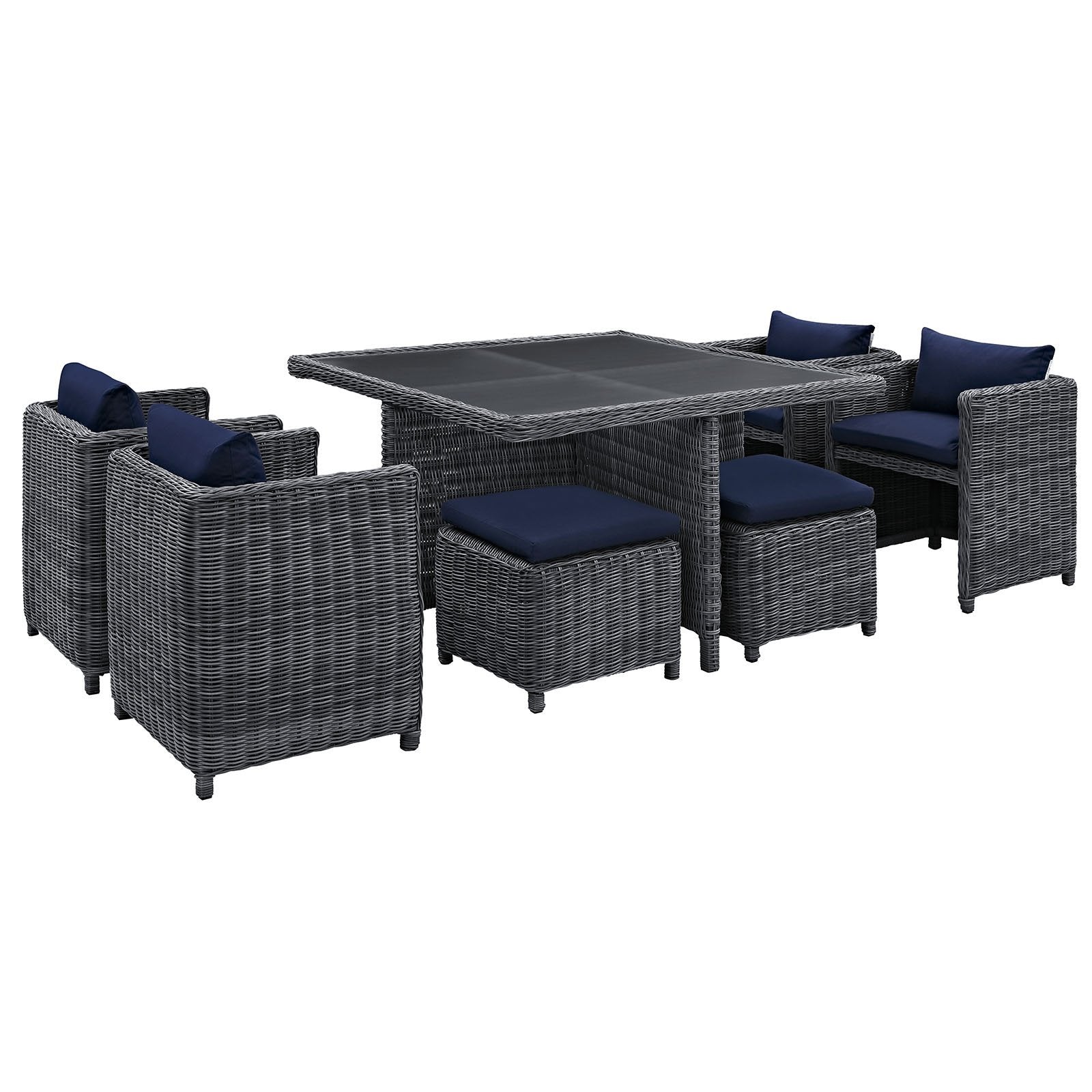 Patio Furniture Sets | Summon Outdoor Patio Furniture Dining Set | 9 Piece | Sunbrella Fabric | Synthetic Rattan | Aluminum Frame | Navy | casafoyer.myshopify.com
