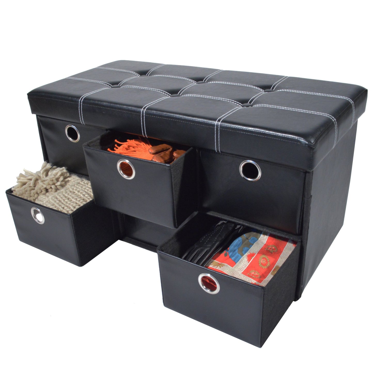 ottomans | CasaFoyer Collapsible 6 Drawer Storage Ottoman | Stylish & Functional Entryway Organizer | Shoe Bench & Footboard Ottoman | Black Faux Leather | 30x15x15 | casafoyer.myshopify.com