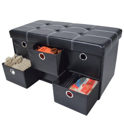 ottomans | CasaFoyer Collapsible 6 Drawer Storage Ottoman | Stylish & Functional Entryway Organizer | Shoe Bench & Footboard Ottoman | Black Faux Leather | 30x15x15 | casafoyer.myshopify.com
