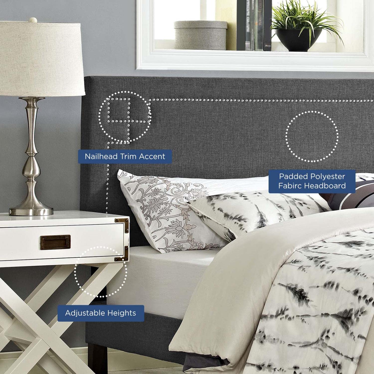 headboards | CasaFoyer  Josie Linen Fabric Upholstered Queen Headboard | Diamond Patterned Silver Accent | Sturdy Solid Wood Frame | Adjustable Wood Legs | Plush Faux Leather Upholstery | Dense Foam Padding | Gray | casafoyer.myshopify.com