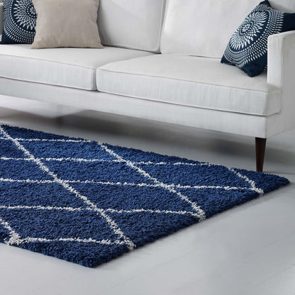 area rugs | CasaFoyer Toryn Diamond Trellis Shag Area Rug | Navy/Ivory | 5x8 ft | Durable Polypropylene | Stylish Lattice Pattern | High Pile Weave | Easy to Maintain | Safe for Kids/Pets | Protects Floors | casafoyer.myshopify.com